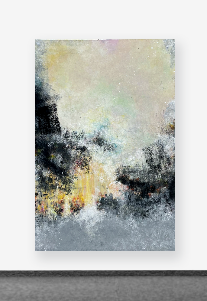 Abstract watercolor painting featuring a lightly colored sky, dark trees, and a muted landscape with soft, textured brushstrokes. amy winehouse painting tribute