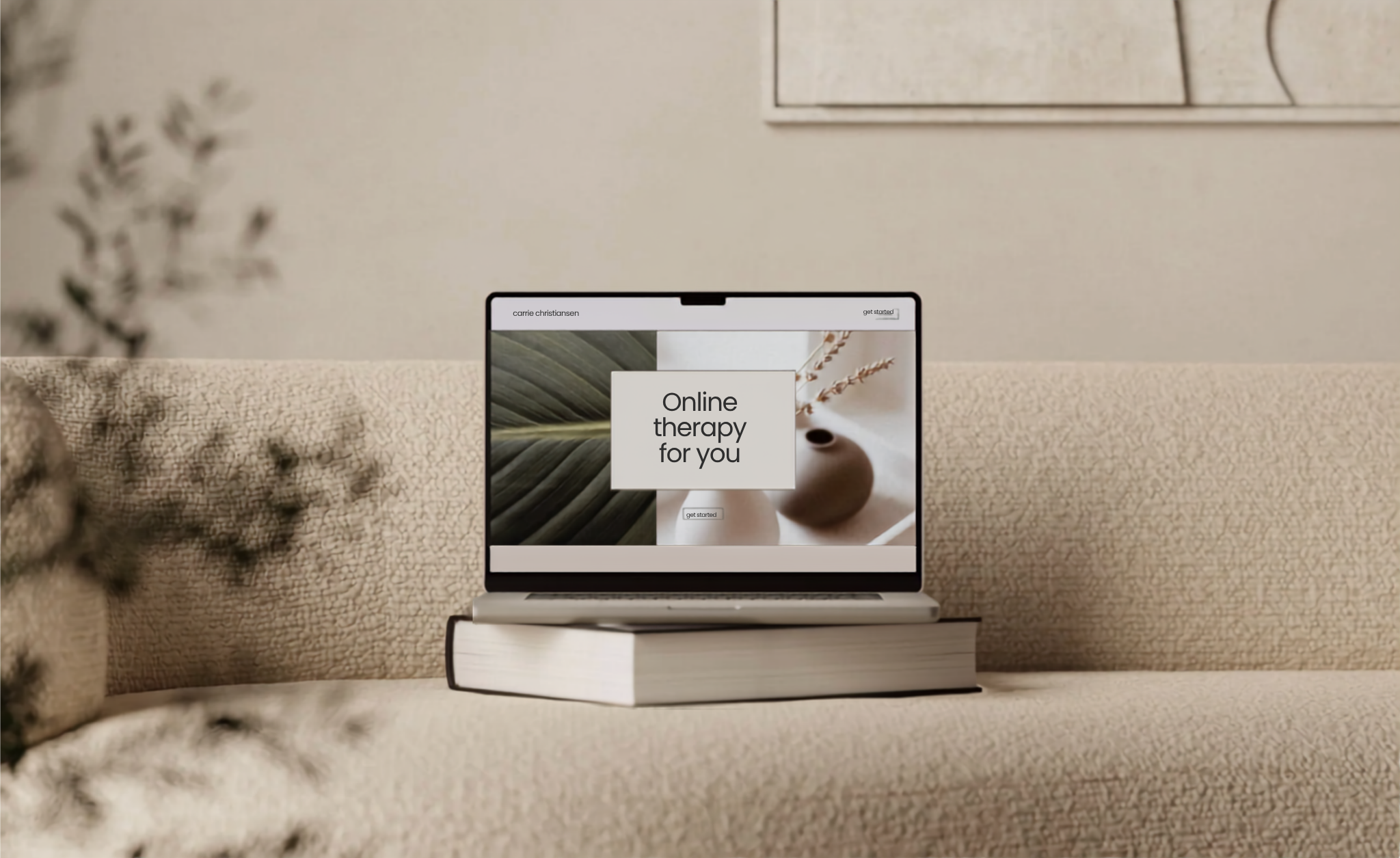 Laptop on a cozy sofa displaying an online therapy session, representing Carrie Christiansen's telehealth therapy services for anxiety, ADHD, and insomnia in Arizona.