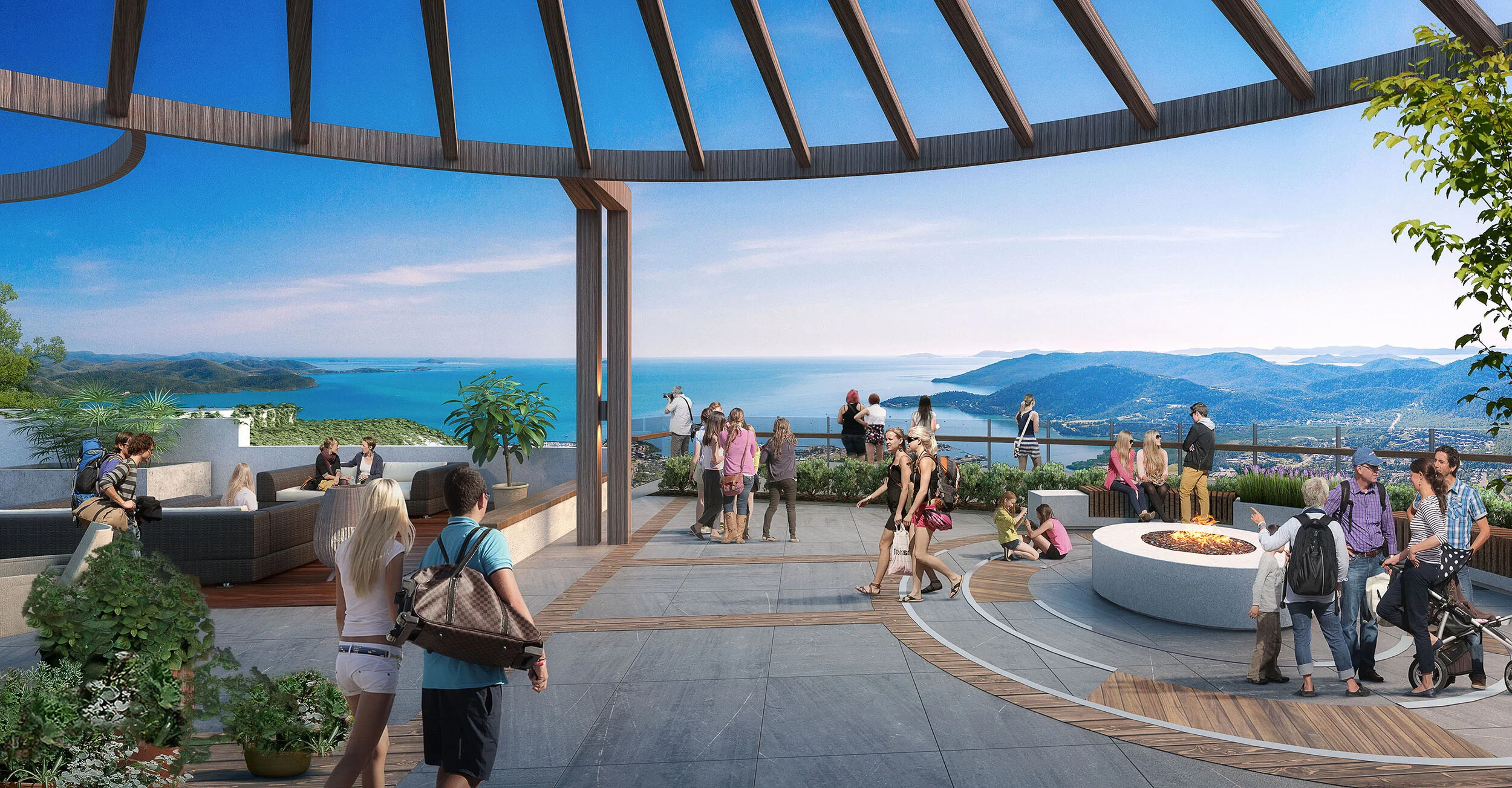 A rooftop observation deck with people enjoying the scenic view of water and mountains in the background, some sitting, some standing, and a fire pit in the center.