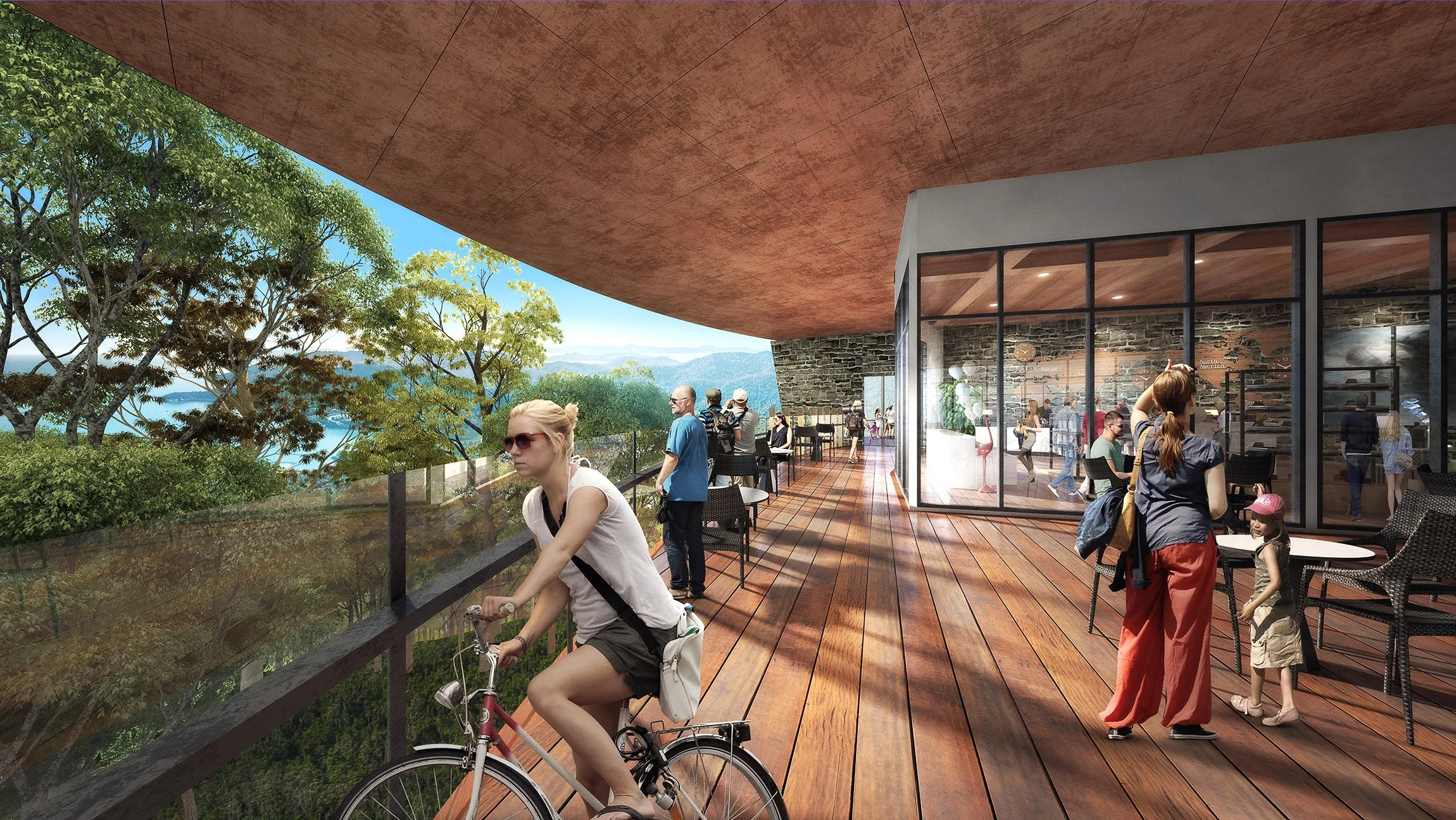 People socializing and walking on a wooden balcony with a view of trees and a body of water under a large overhanging roof with glass walls.