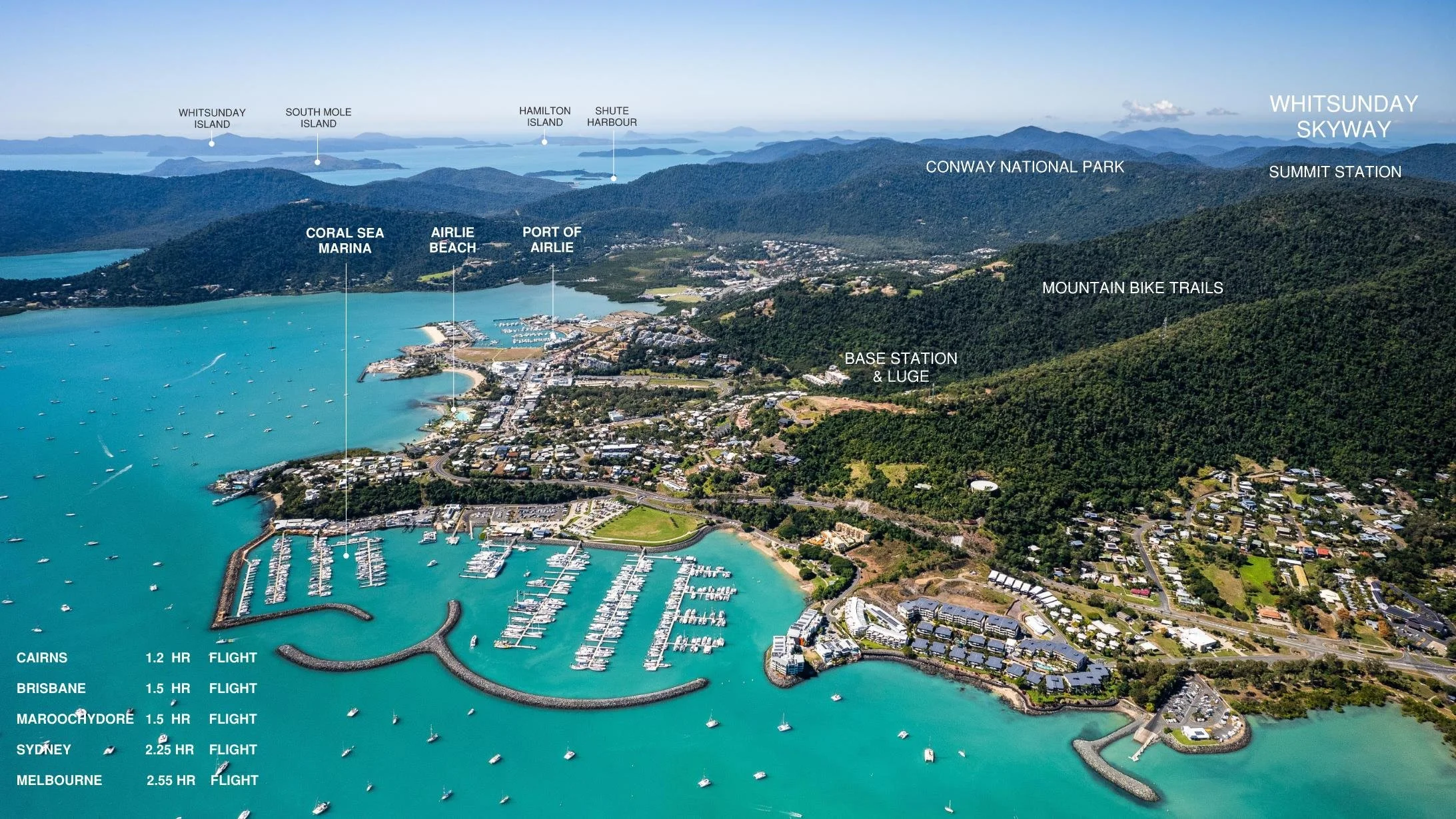 Aerial view of Cairns, Australia, showing a marina, city buildings, hills, and islands with labels indicating notable locations and travel times to major cities.