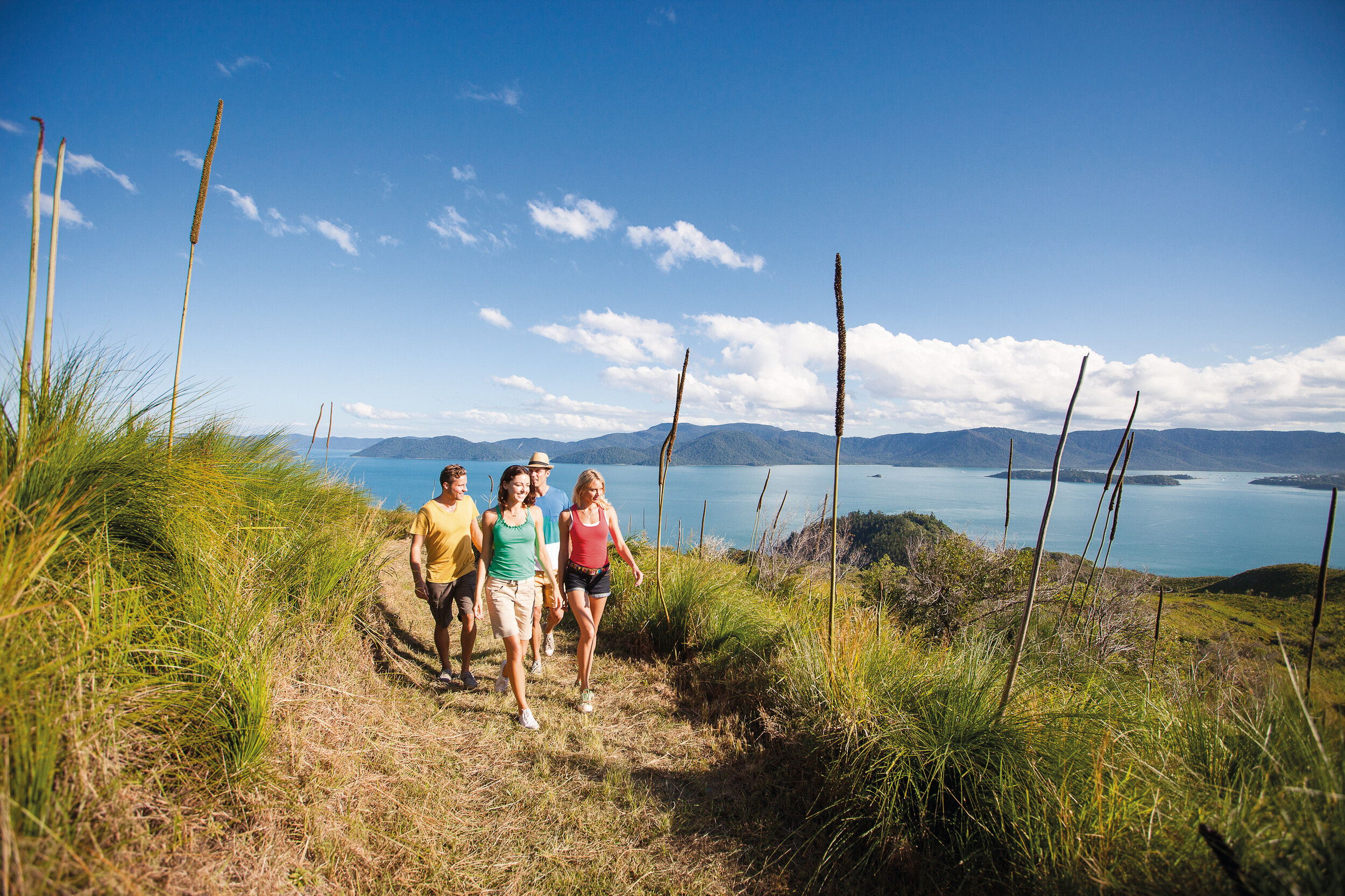 A group of five people walking along a dirt trail in a scenic outdoor location with tall grasses, a lake, and mountains in the background, under a bright blue sky with scattered clouds.