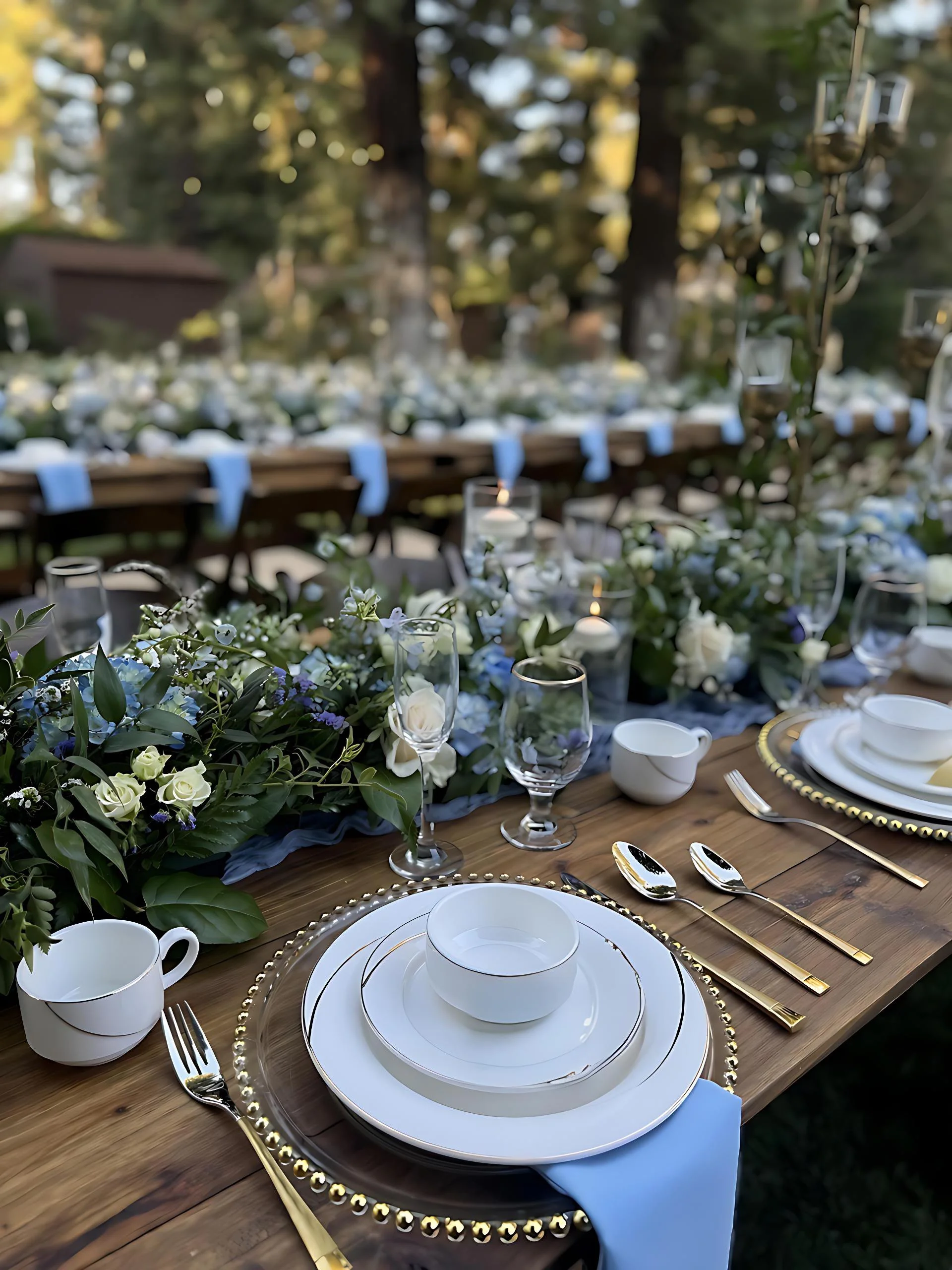 Elegant outdoor table set for a celebration with white dinnerware, gold flatware, glassware, floral centerpiece, and candles in a lush garden setting