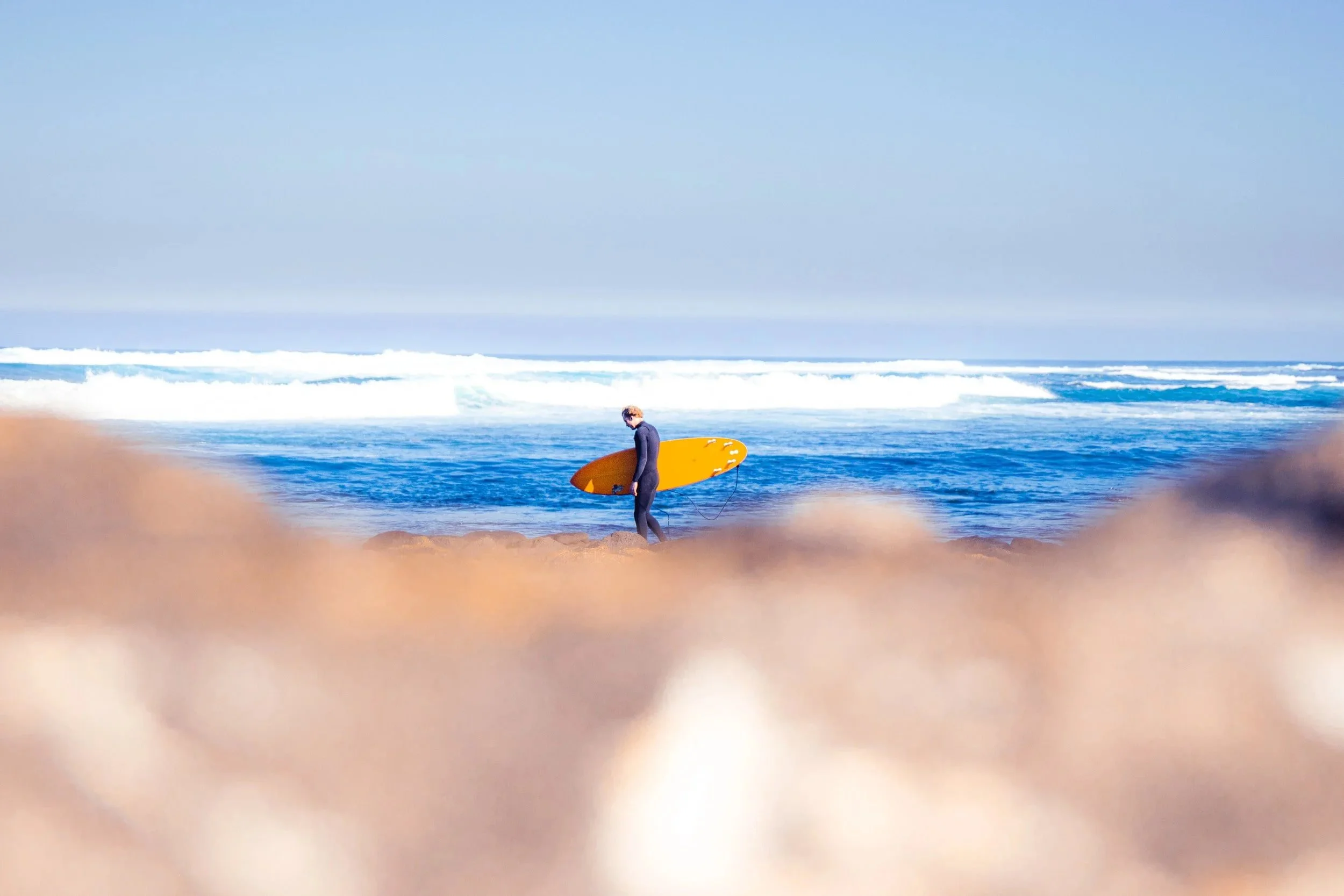 Surfer walking toward the ocean at a Warrnambool beach on a clear sunny day