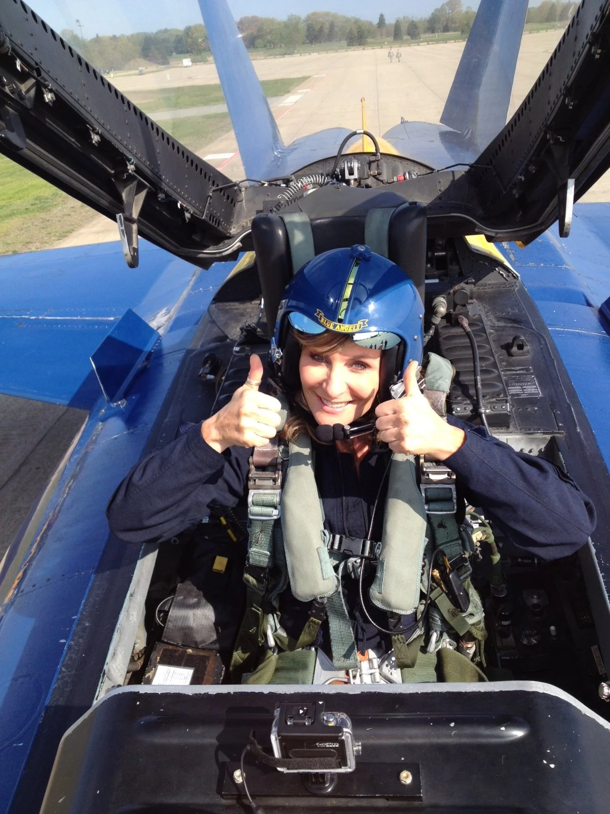 Judy ready to take flight in the backseat of a F/A-18 with the Navy's premier flight demonstration squadron Blue Angels