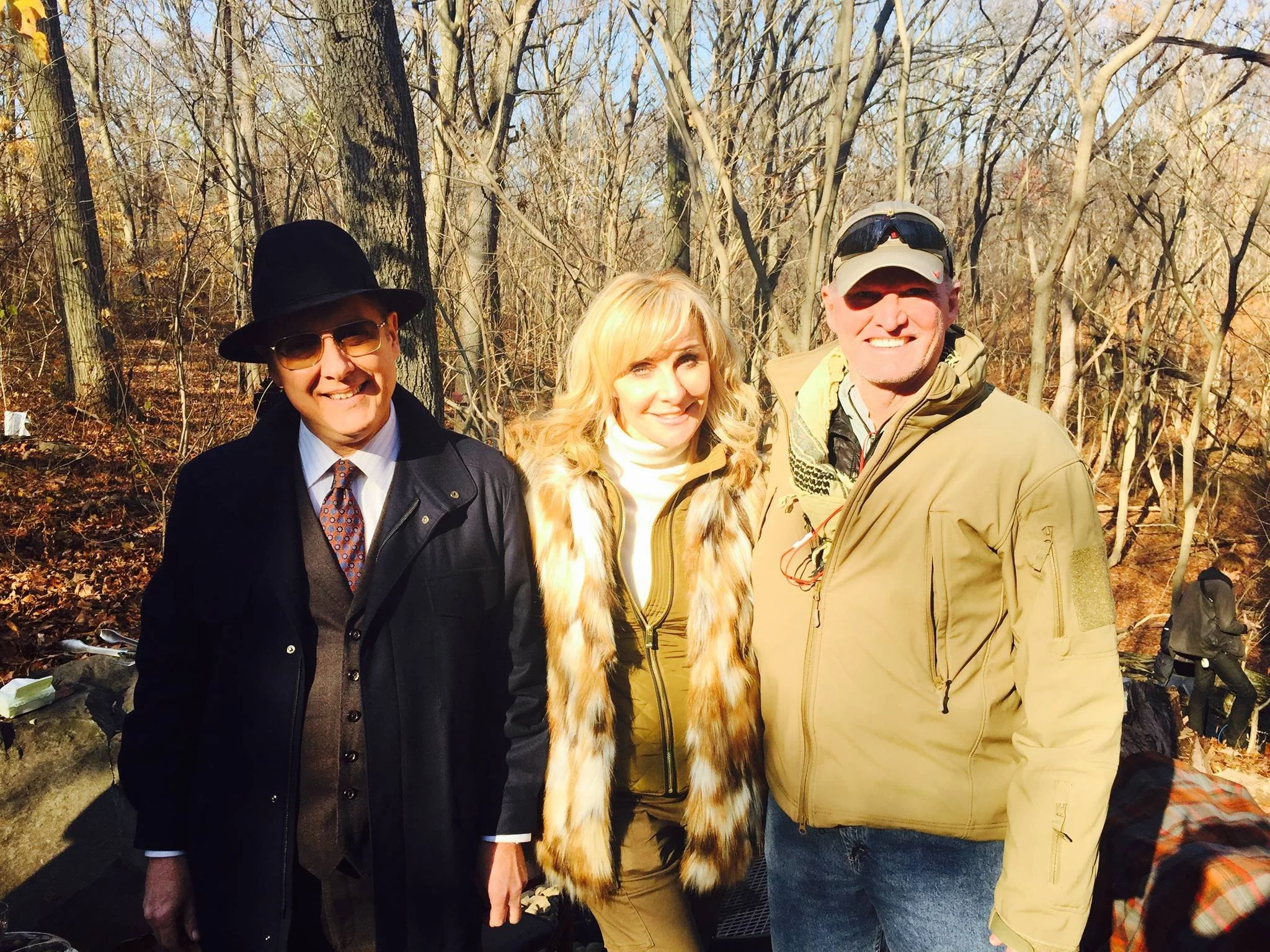 Judy (in fake fur) on the set of THE BLACKLIST with Star James Spader and Director Michael Watkins (Episode: "The Vehm")