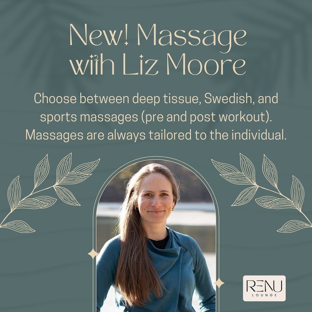 🎉 Exciting news! We&rsquo;re thrilled to announce that we&rsquo;ve expanded our services to include massage with Liz Moore, adding an extra layer of relaxation and rejuvenation to your Renu Lounge experience.

Liz graduated with a B.S. degree in Ath