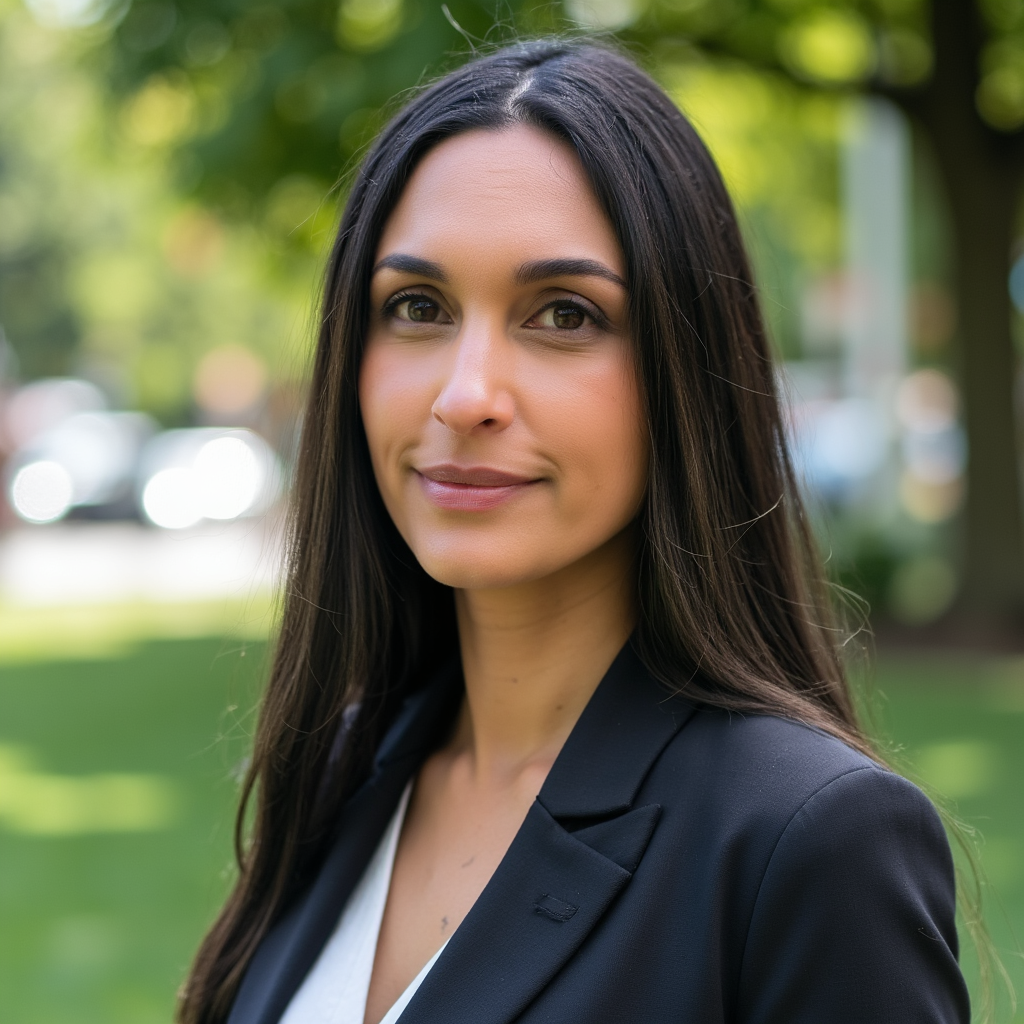 Close-up portrait of a woman with long dark hair wearing a black blazer outdoors with green trees in the background.