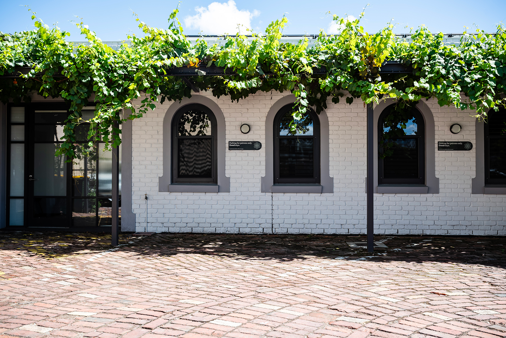 A white brick building with arched black windows and a modern door, covered by green grapevine leaves, under a partly cloudy sky, with a brick paved ground.