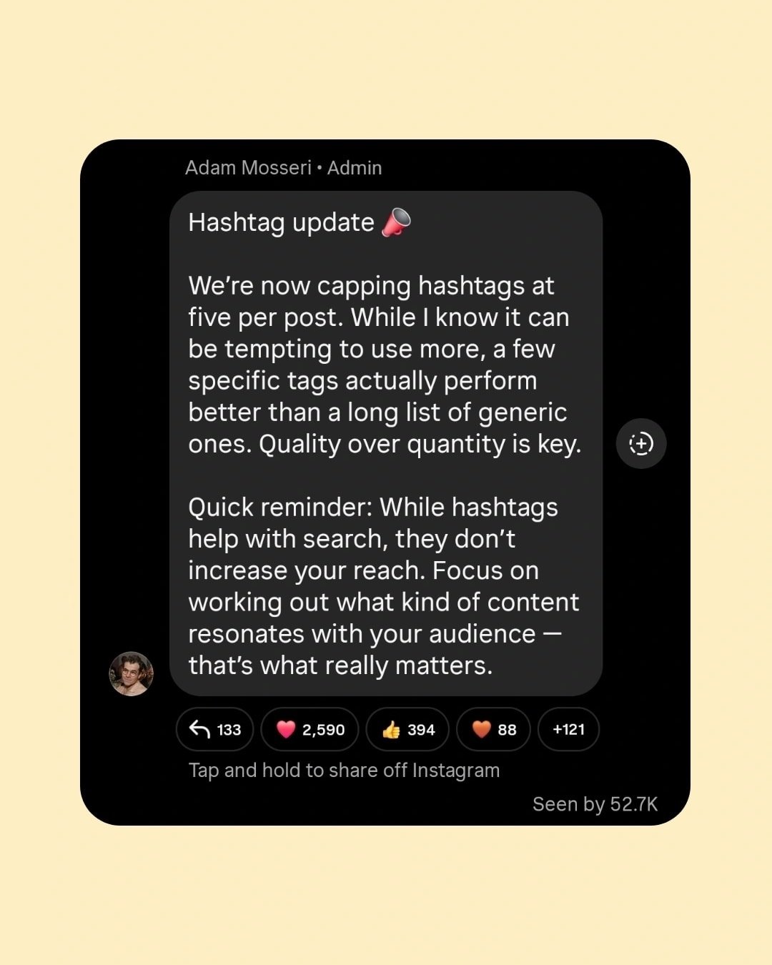 You heard it from the man of Instagram himself, the "30 Hashtags" era is officially over.

​Instagram has confirmed they are capping hashtags at five per post. But before panicking - this is actually quite the win for quality over quantity 