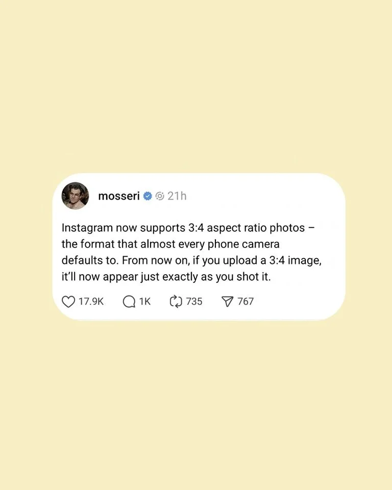 Righteo people, did you know the size (aka. aspect ratio) of your socials posts can seriously impact how many people get to gaze at your brand as they scroll along? 

Yup, your feed is prime digital real estate, and head of Instagram Adam Mosseri enc