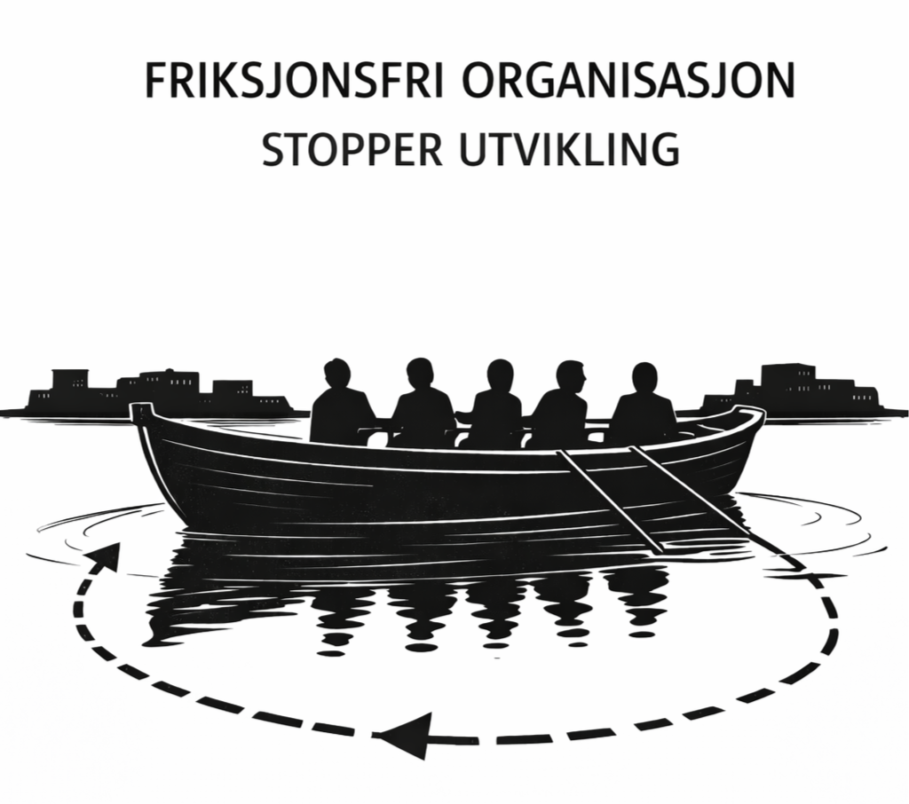 llustrasjon av en organisasjon som beveger seg i sirkel uten fremdrift, som symboliserer hvordan friksjonsfrie systemer stopper utvikling.