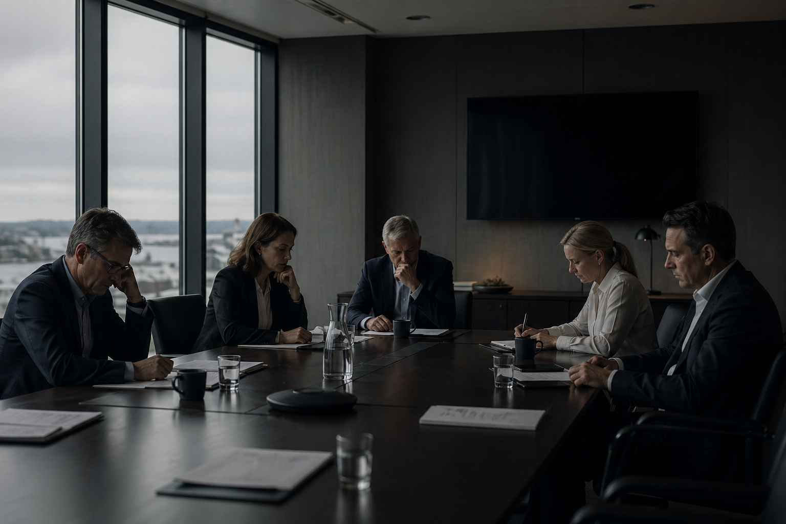 Styremøte i dempet møterom der flere deltakere sitter stille rundt et bord og ser ned i dokumenter, med en tydelig stemning av manglende avklaring og beslutninger som ikke tas.