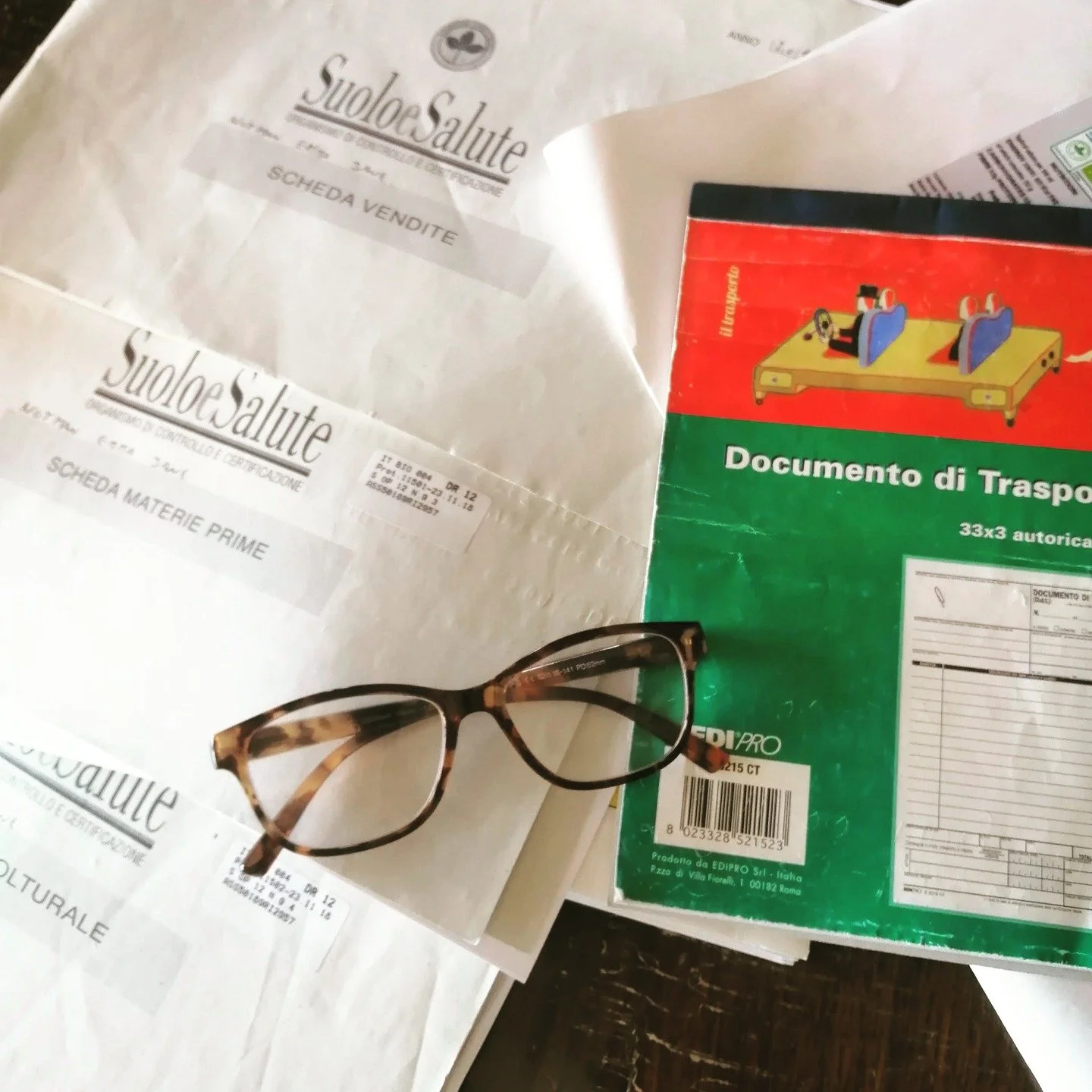 👓 We Came, We Read (in Italian), We Passed 

This is what triumph looks like: a mountain of Italian paperwork and a pair of English reading glasses perched nobly on top. 

As British farmers in Italy, the annual organic inspection feels a bit like s
