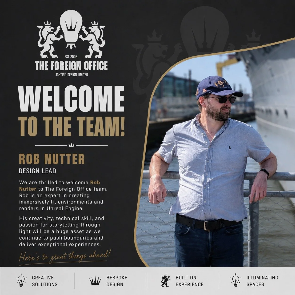 We&rsquo;re delighted to welcome Robert Nutter to The Foreign Office Lighting Design Ltd as our new Design Lead. 

Rob joins us with a wealth of experience creating immersively lit environments and renders in Unreal Engine. He brings a strong creativ