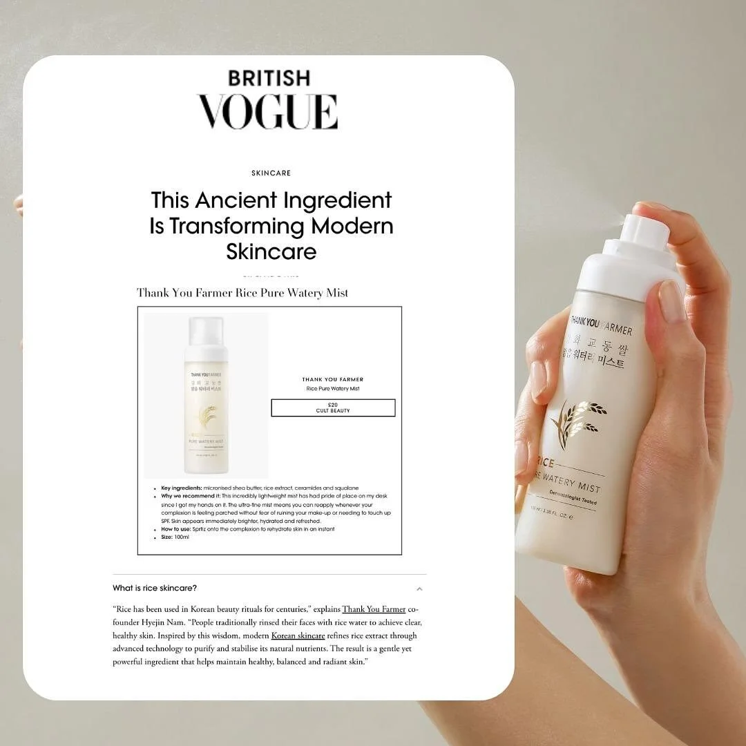 From ancient East Asian beauty rituals to today&rsquo;s skincare shelves &mdash; rice continues to nourish, brighten, and protect.
We&rsquo;re thrilled to see @thankyoufarmer @thankyoufarmer.uk brand new Rice Pure Watery Mist featured in Vogue&rsquo;