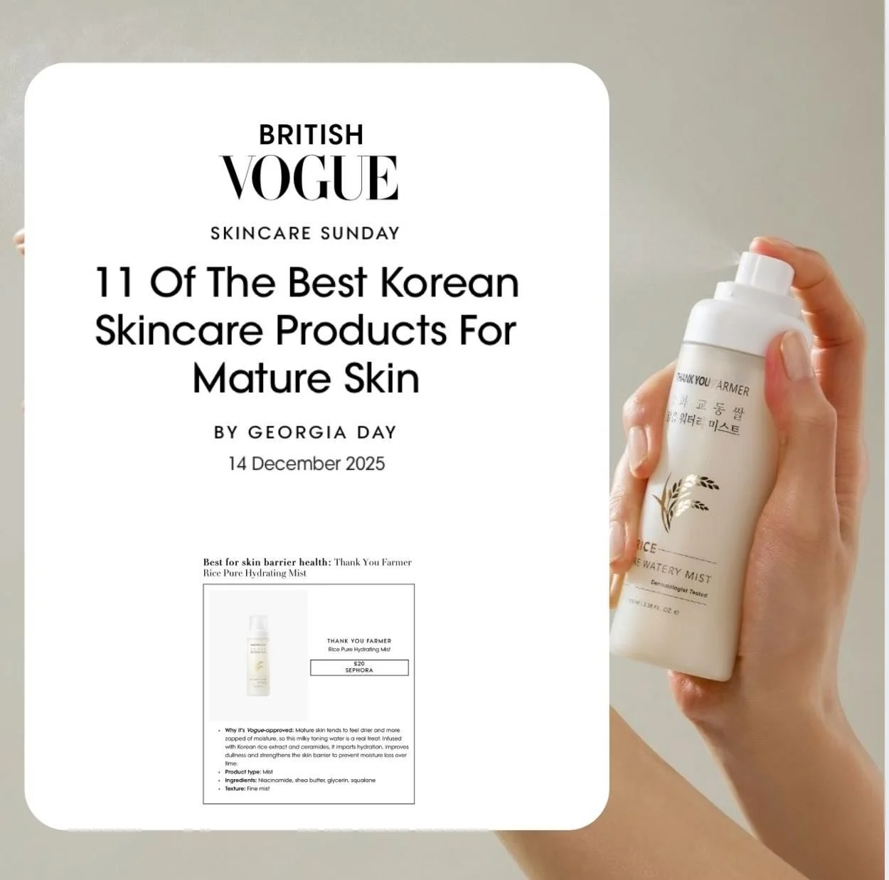 Hydrate, nourish, glow: Vogue&rsquo;s edit of the best Korean skincare for mature skin featuring @thankyoufarmer.uk . 💧✨ Thank you @georgialday @britishvogue @thankyoufarmer
