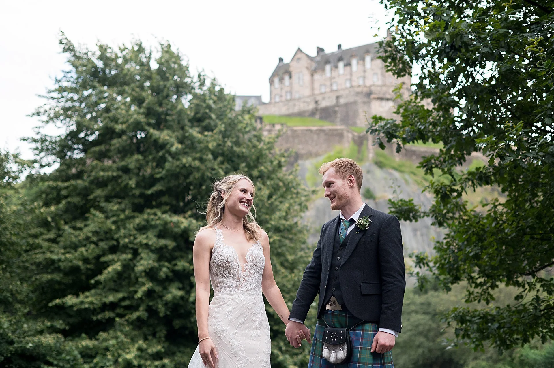 Bride and Groom in Princes Street Gardens Edinburgh