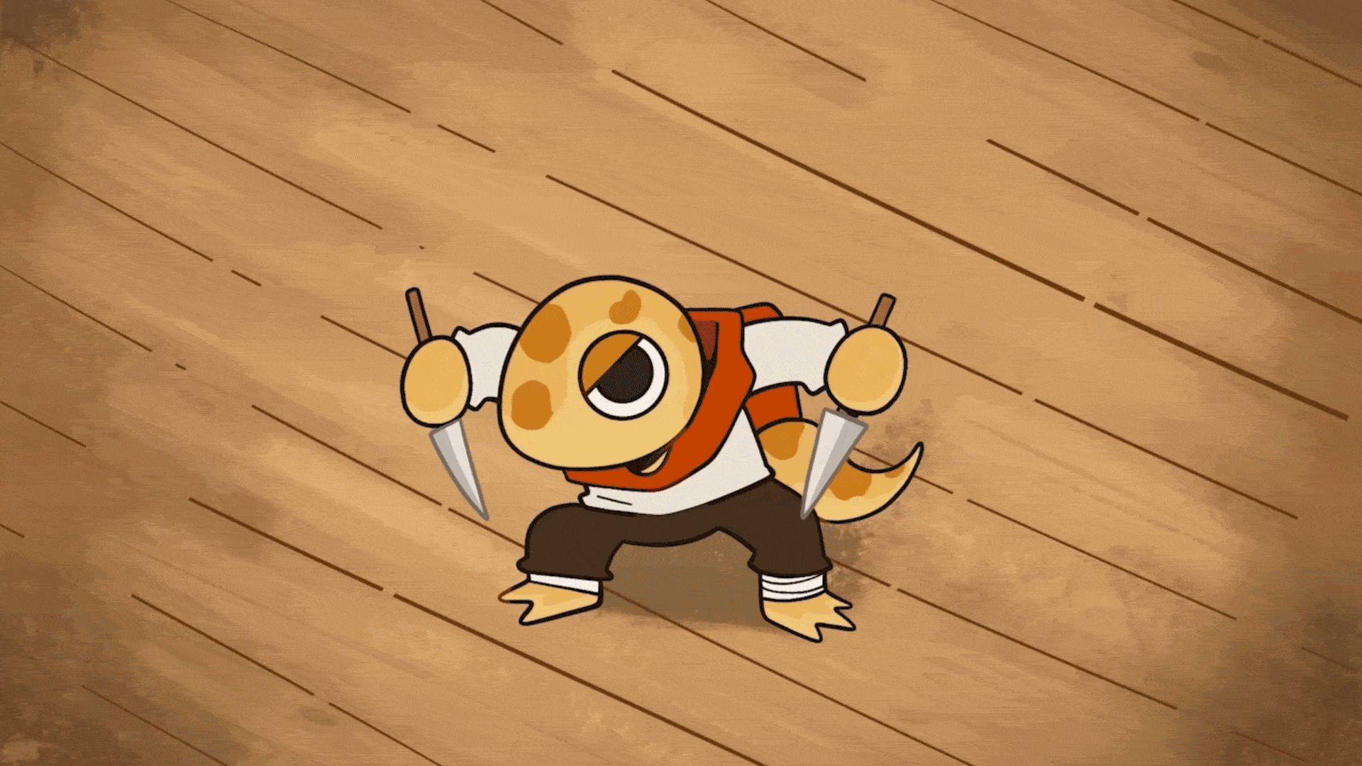 Animated cartoon lizard character holding two knives, standing on a wooden floor, dressed in a white hoodie, red vest, and black pants.