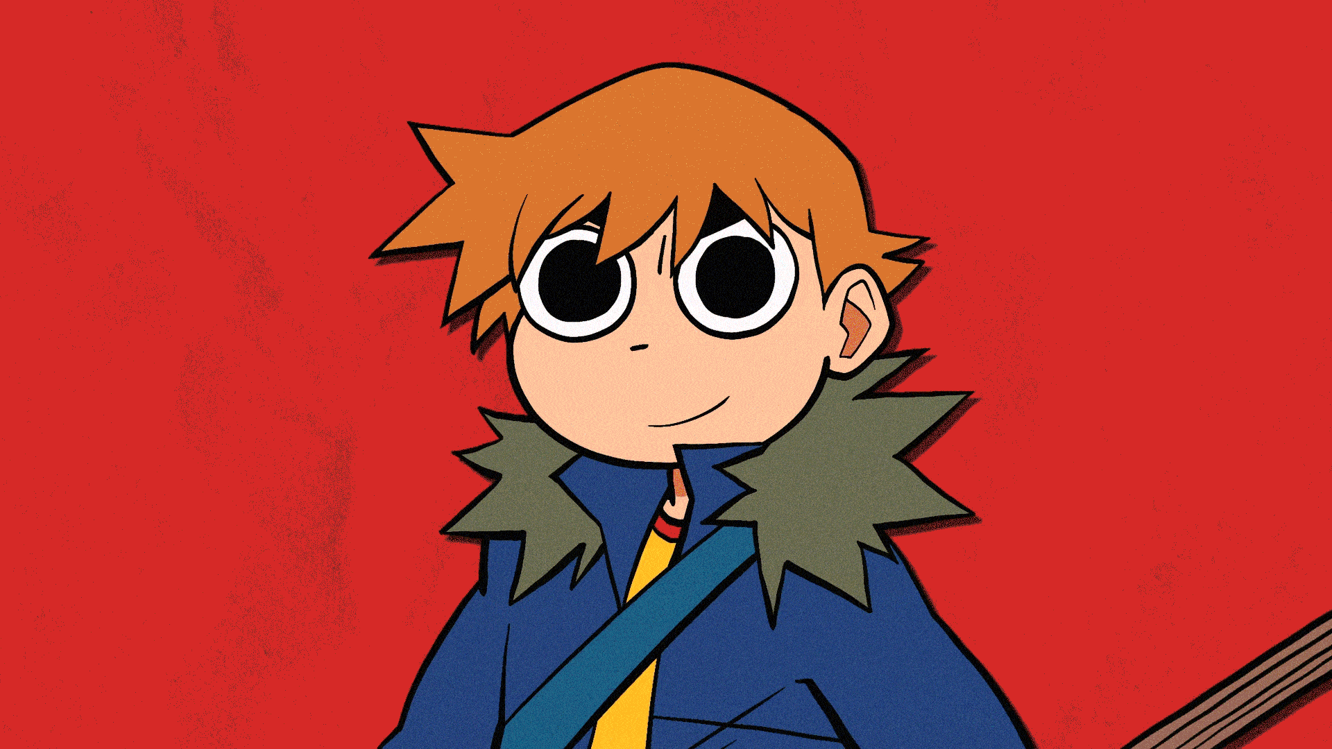 Animated illustration of a young character with spiky light brown hair, large black and white eyes, wearing a blue jacket with a fur collar, and a strap across the chest, standing against a red background.