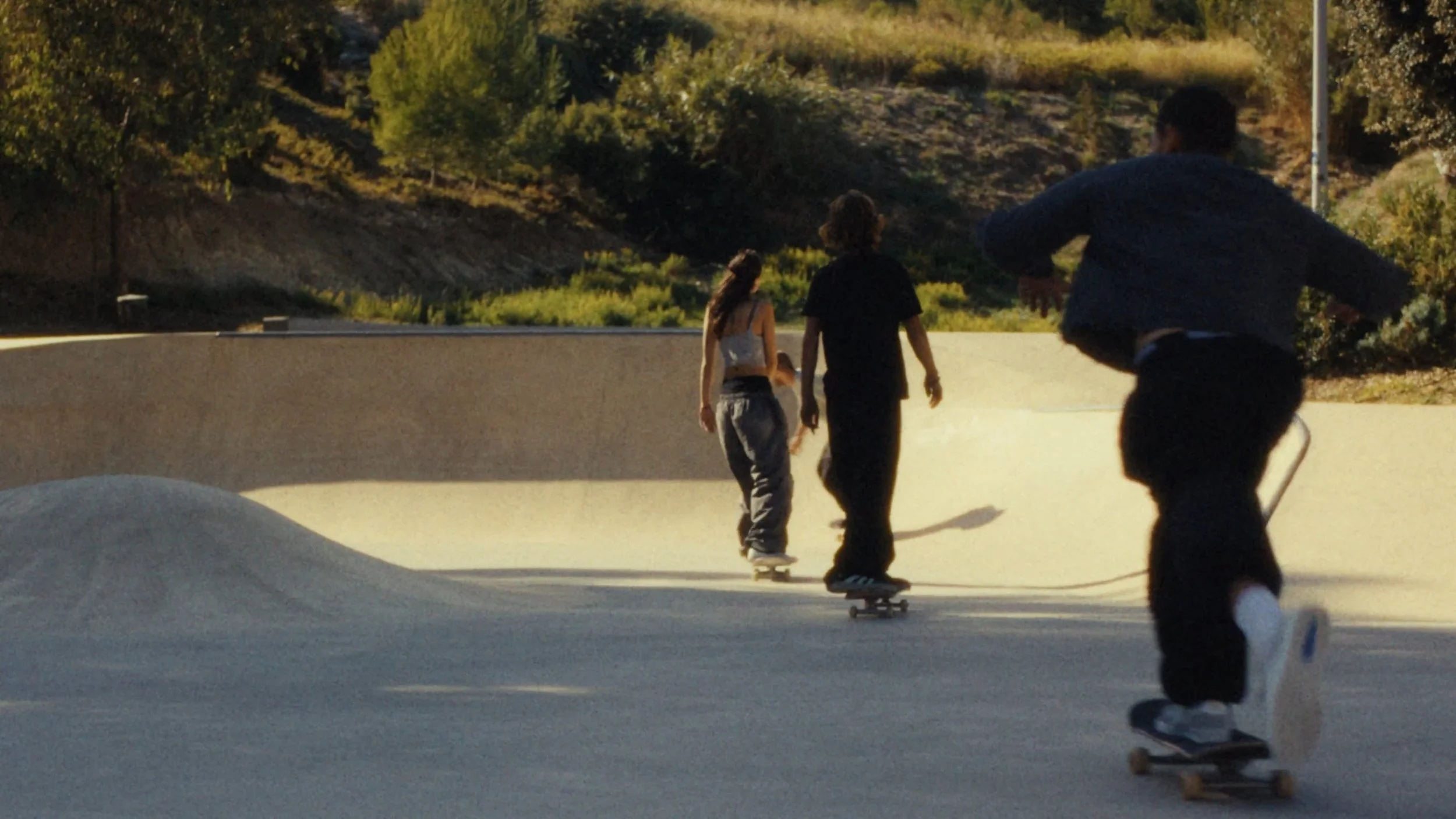 People skateboarding at a skate park with a curved concrete ramp, surrounded by trees and hills in the background.