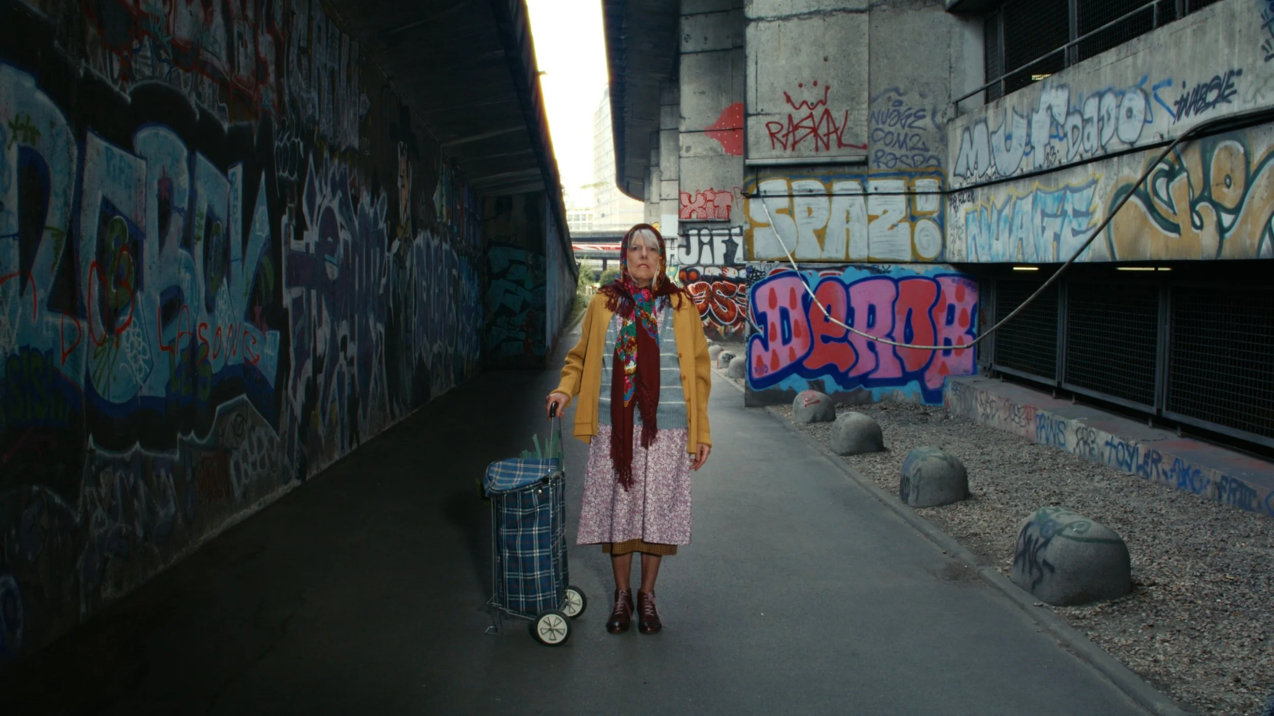 A woman standing under a graffiti-covered concrete overpass with a plaid rolling suitcase.