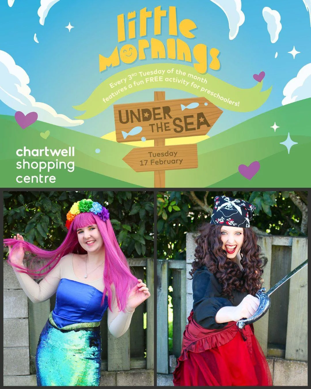 Surprise!! 🫧🤩

Our fairytale friends will be making a splash at the upcoming session of Little Mornings for Pre-Schoolers at Chartwell!

Join Iris the Rainbow Mermaid and Pirate Penny from 10:30am - 11:30am on Tuesday the 17th of Feb to dive into a