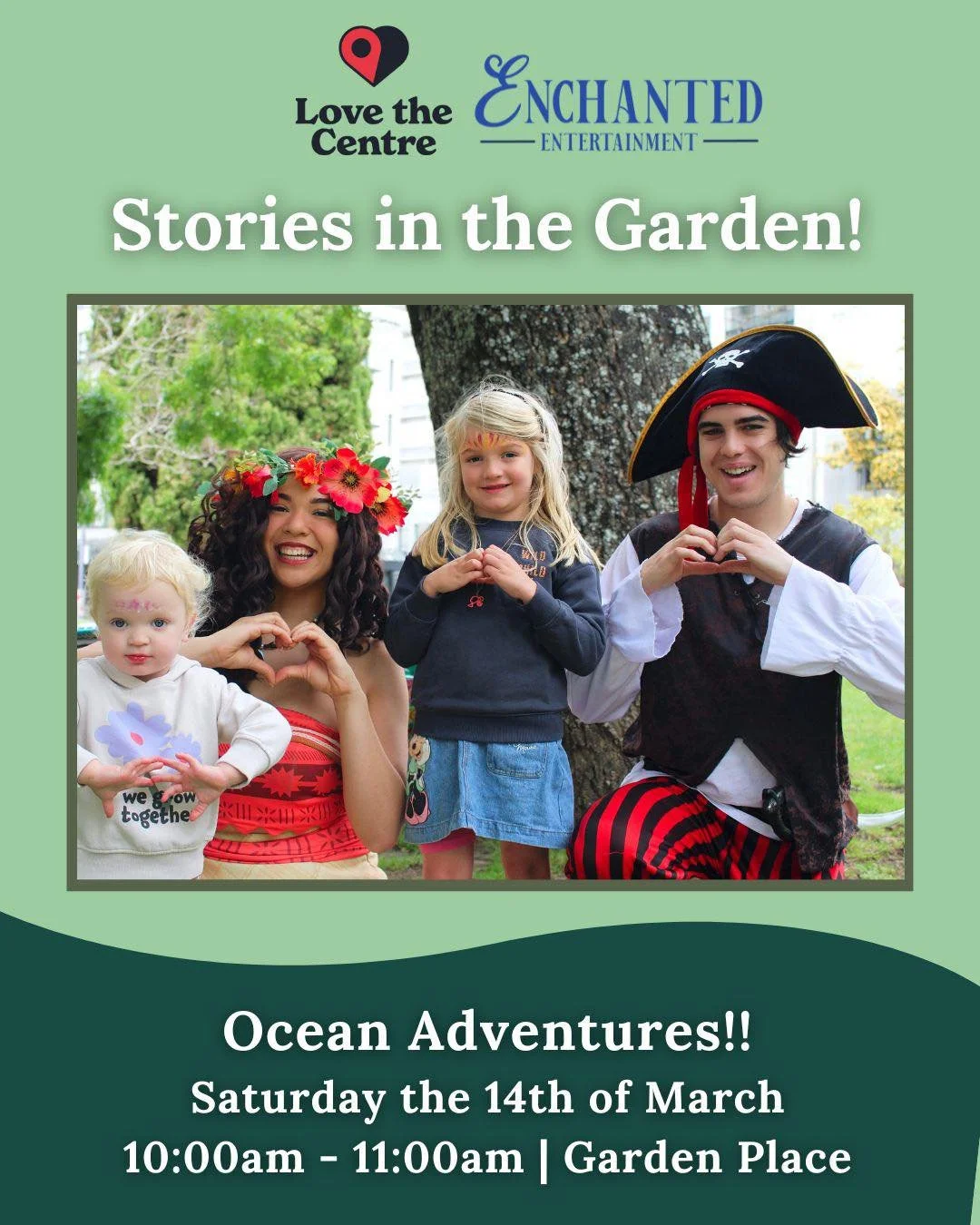 What&rsquo;s On - Stories in the Garden 🐚

Flip your fins and voyage on over to Garden Place for an aquatic morning at Stories in the Garden this Saturday!

The unlikely duo - Moana and Pirate Pete, are ready to add a touch of magic to your weekend,