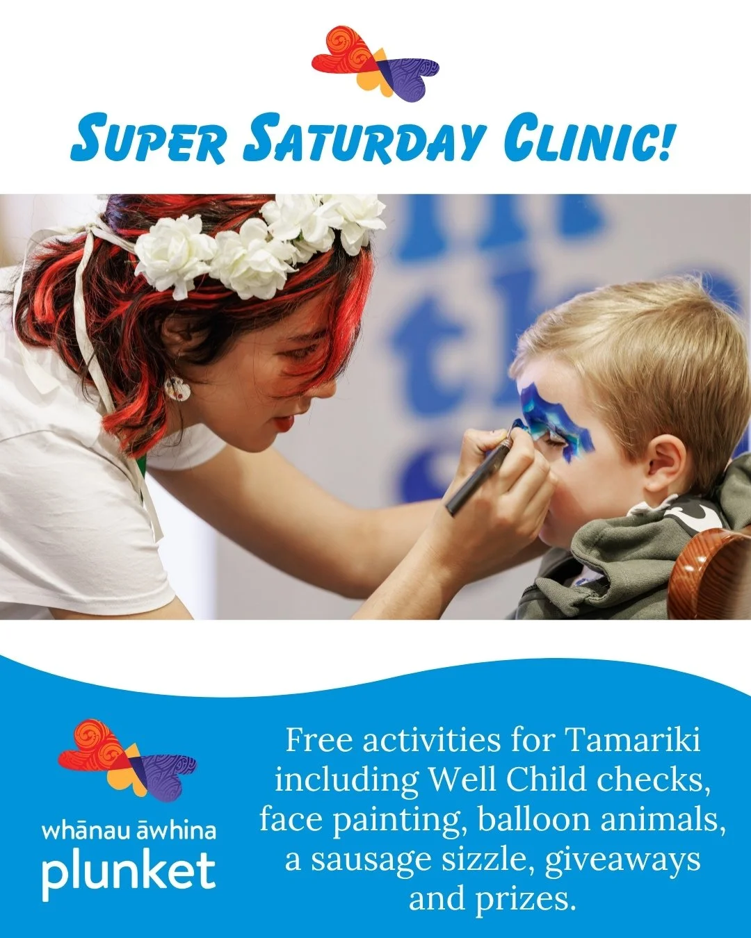 🎨✨ Did someone say FREE face painting?! ✨🎨

Join us this Saturday at Whānau Āwhina Plunket&rsquo;s Super Saturday Clinic!!

Alongside Well Child checks and immunisations, there&rsquo;ll be plenty of fun family activities &mdash; including FREE face