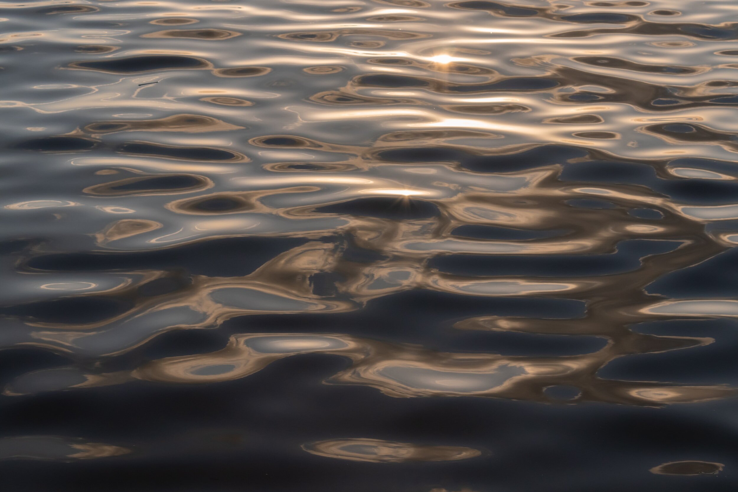 Calm golden reflections on water surface at sunset