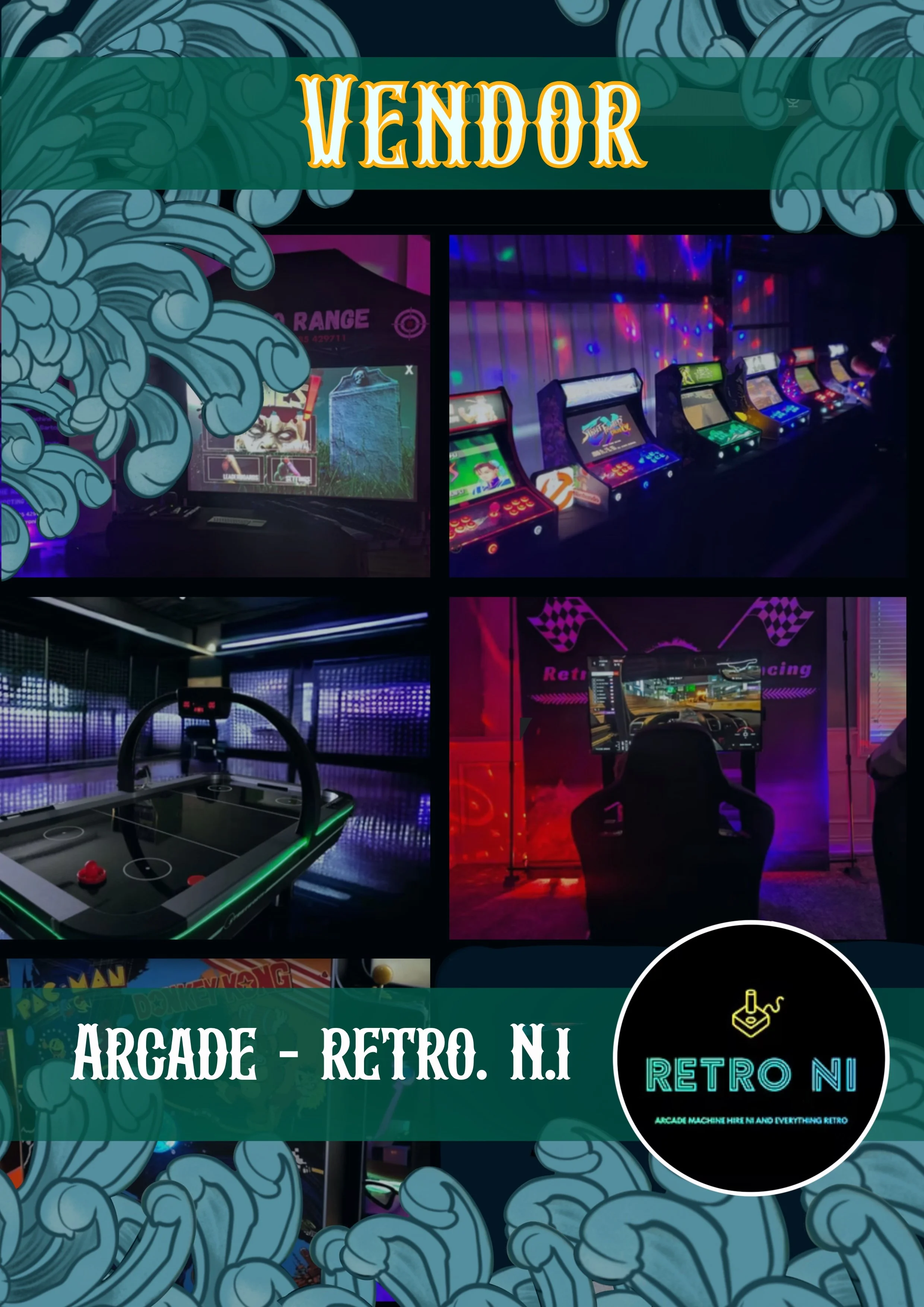 Collage of images showing retro arcade games and arcade machines at a gaming venue called Retro N in North Jersey, featuring arcade cabinets, pinball machines, and a Game of Air hockey with neon and colorful lighting.