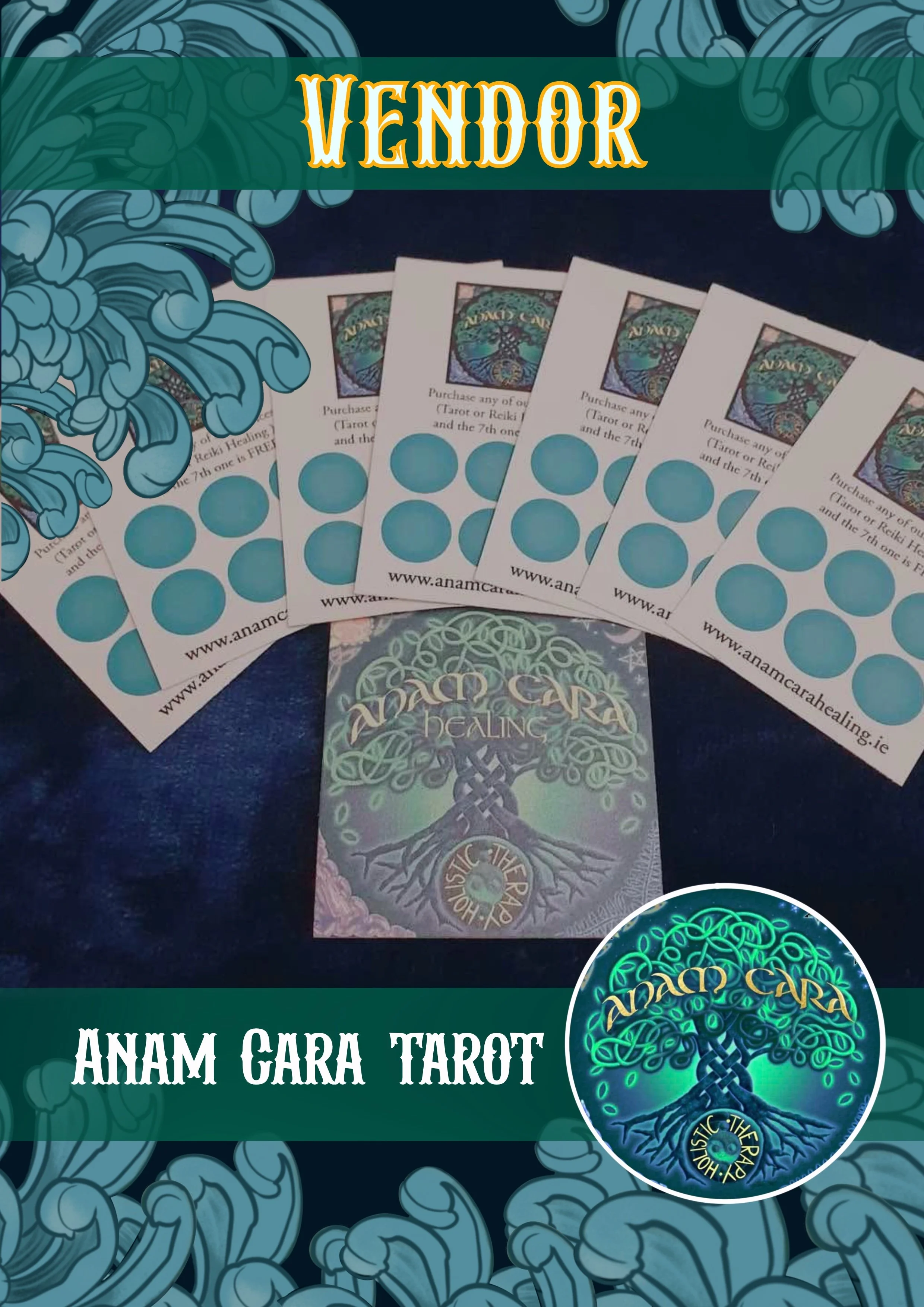 Cards for Anam Cara Tarot, with a glowing tree illustration and text mentioning holistic, mystical, therapy, and healing, and a website link www.anamcaratarohealings.ie.