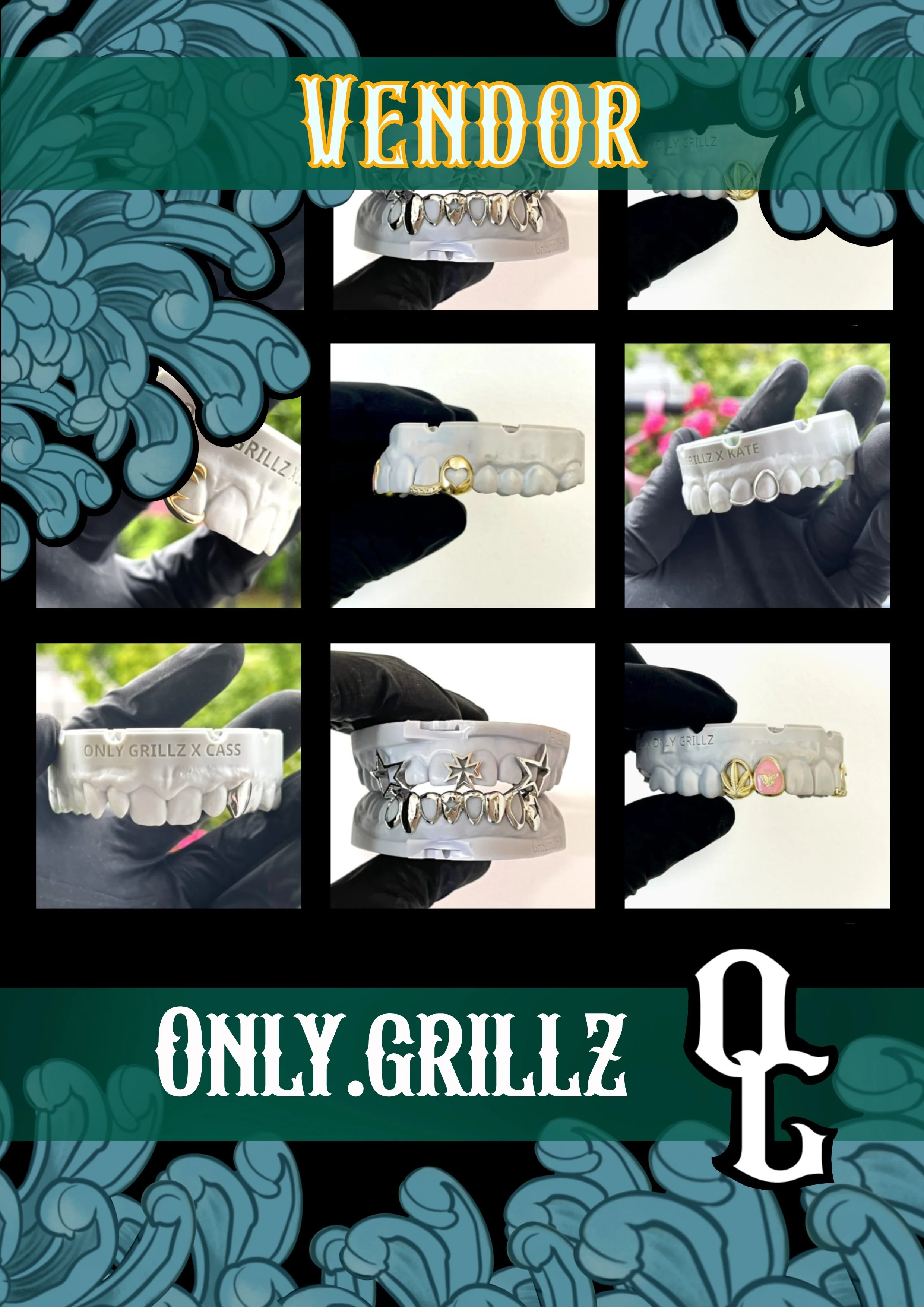 Multiple jewelry pieces featuring teeth, including bracelets with engraved text and decorative charms, held by gloved hands, with background accents of blue floral patterns and branding text 'ONLY.GRILLZ'.