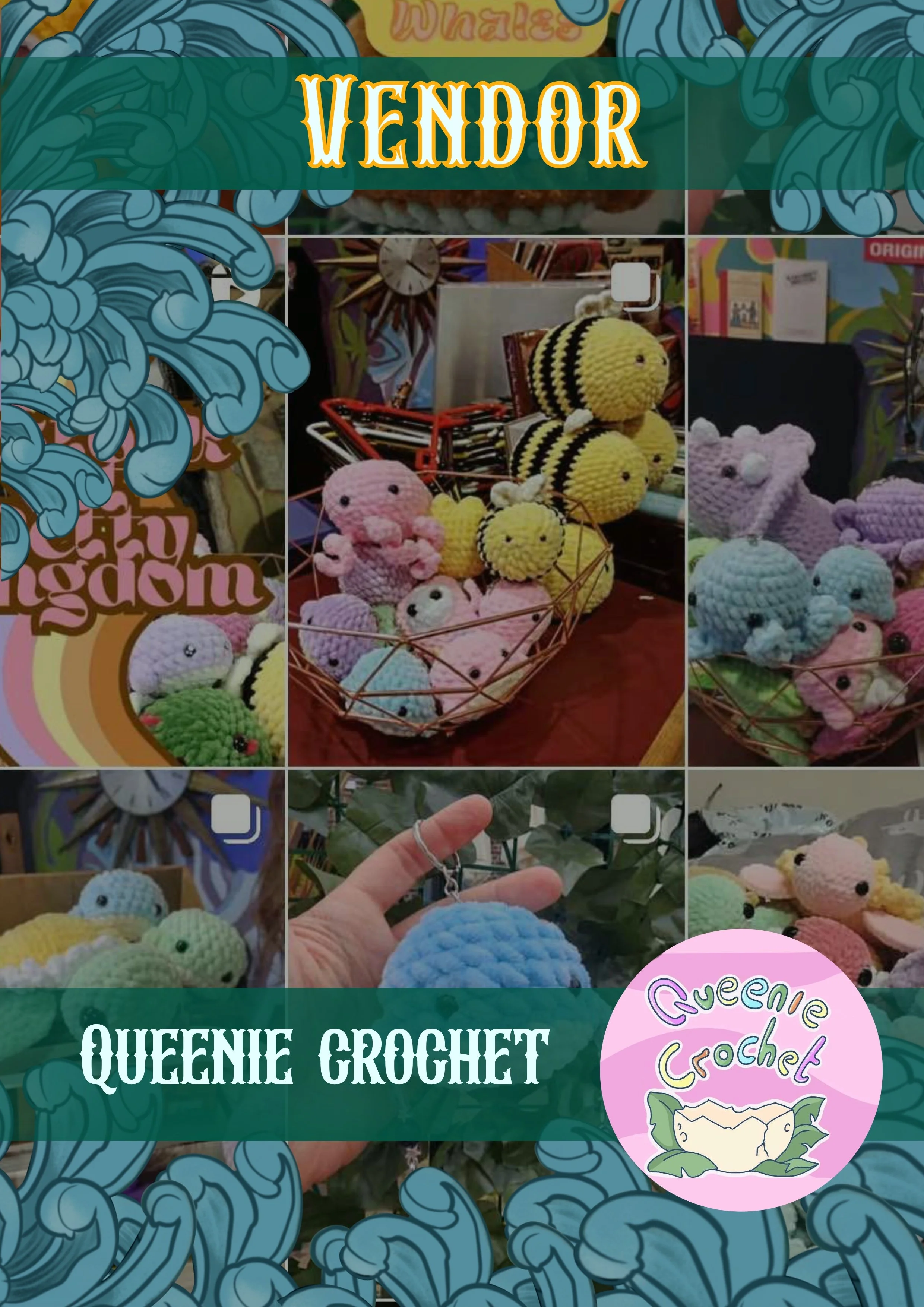 Display of colorful crocheted animals and accessories at Queenie Crochet booth, with a sign reading 'Vendor' and a logo featuring a cracked eggshell with a chick inside.