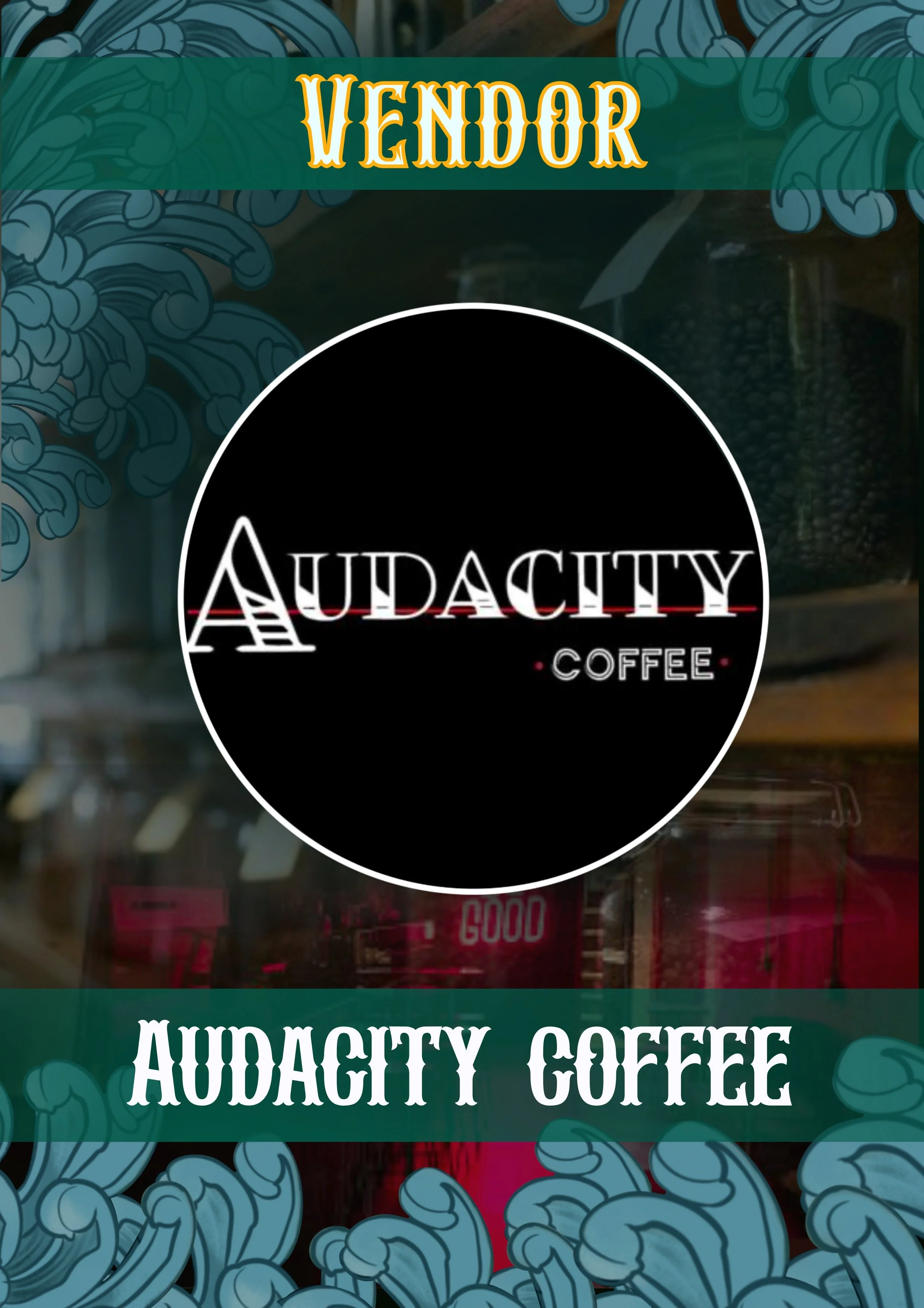 Sign for Audacity Coffee with decorative blue coffee beans background and green banner with white and yellow text