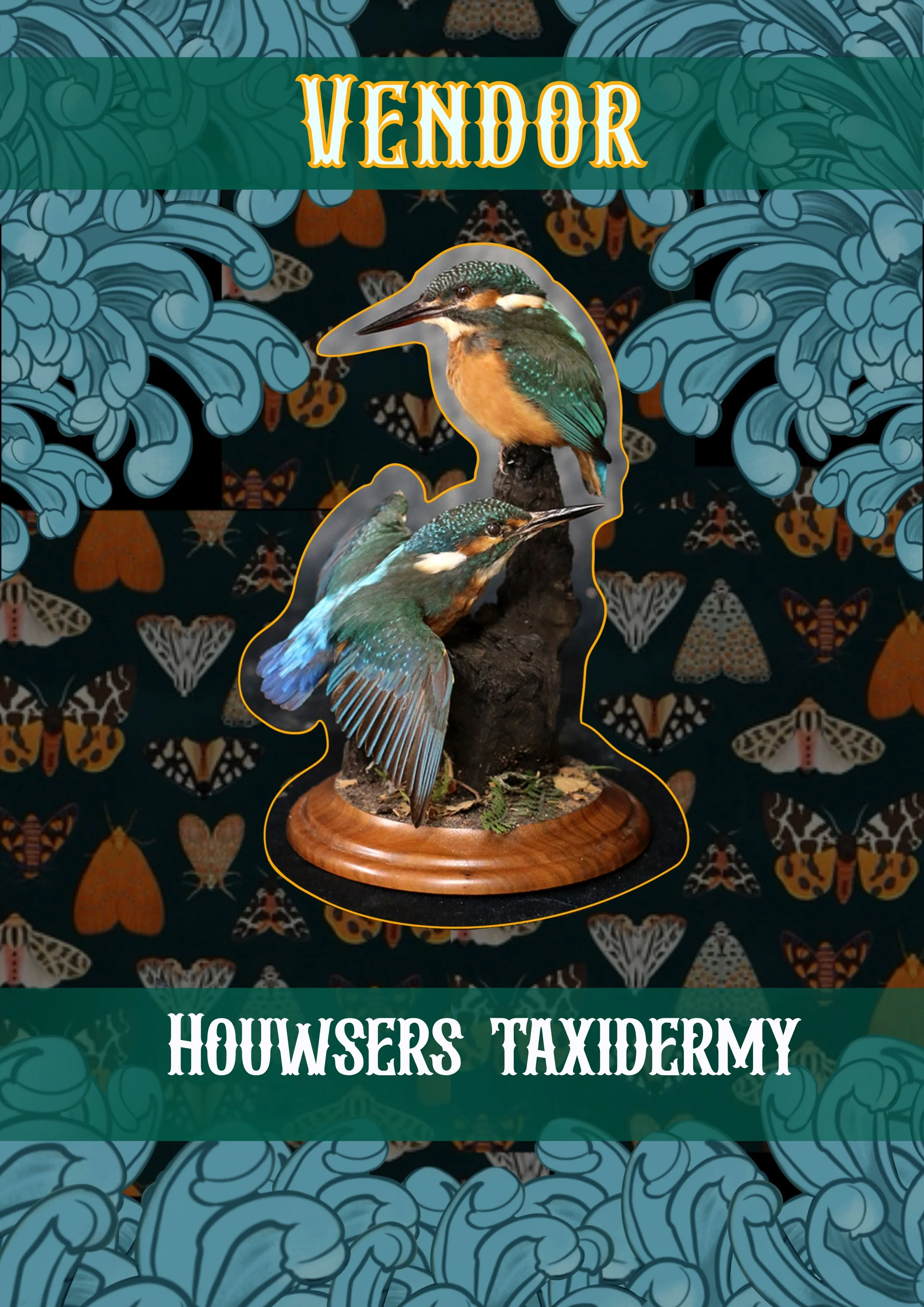 A decorative sign with a blue floral pattern background, featuring a taxidermy bird on a wooden base and the text 'HOUWERS TAXIDERMY' and 'VENDOR' in stylized lettering.