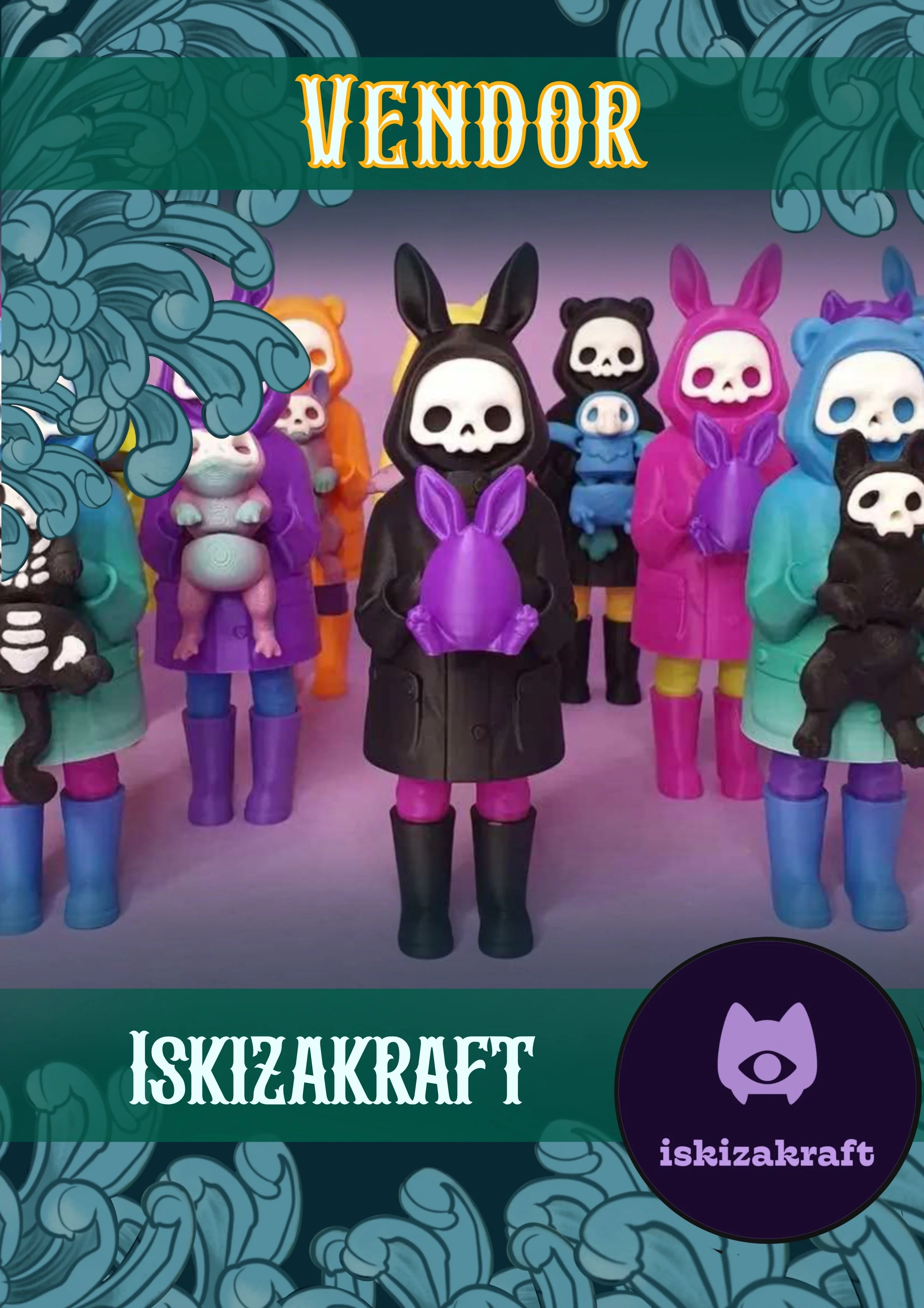 Colorful collection of toy figures with skull faces, dressed in animal costumes and rain boots, standing on a purple surface with a dark background.