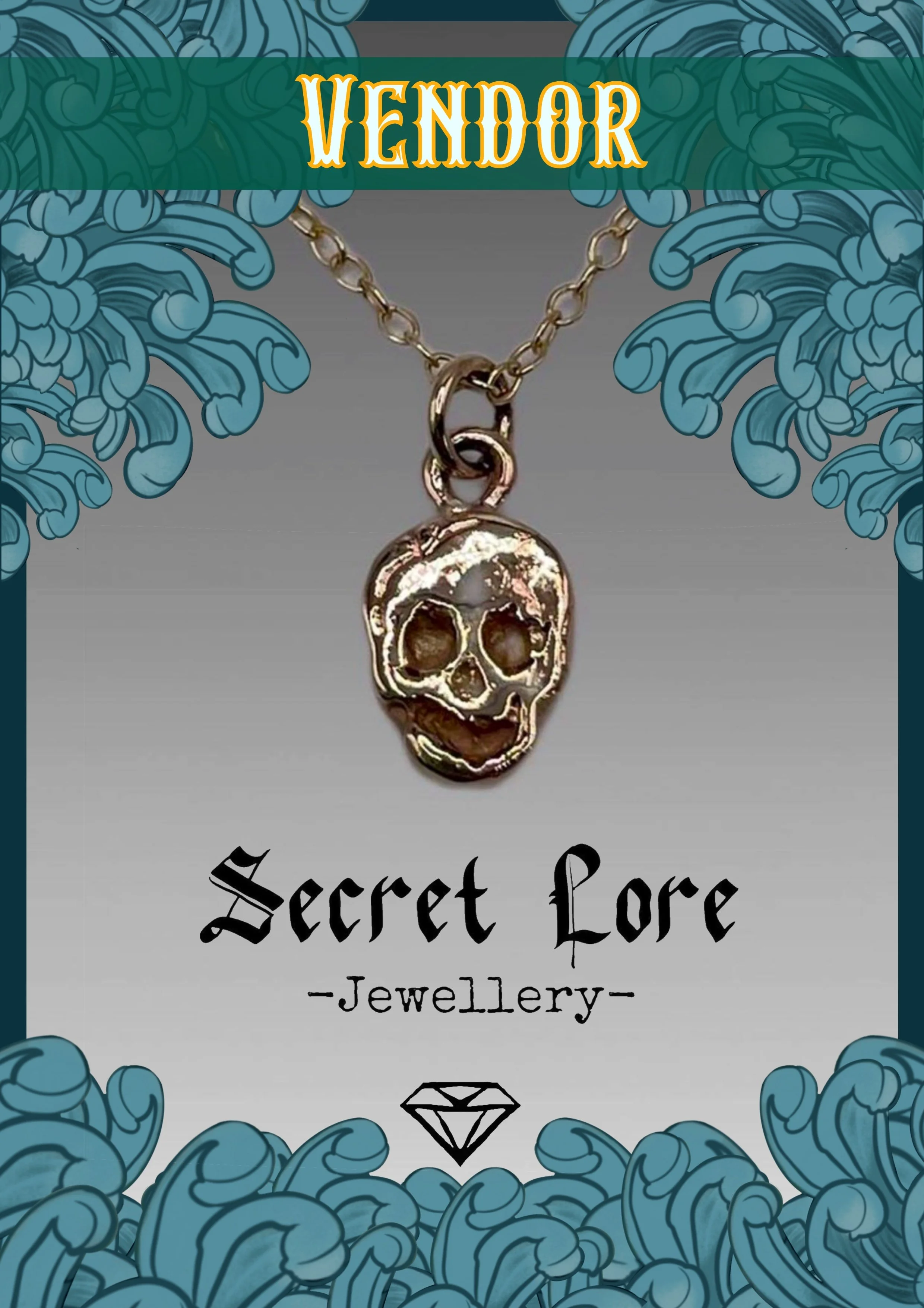 A jewelry advertisement featuring a skull pendant necklace, with swirling blue decorative designs surrounding the image, and text reading 'Secret Love - Jewellery' at the bottom.