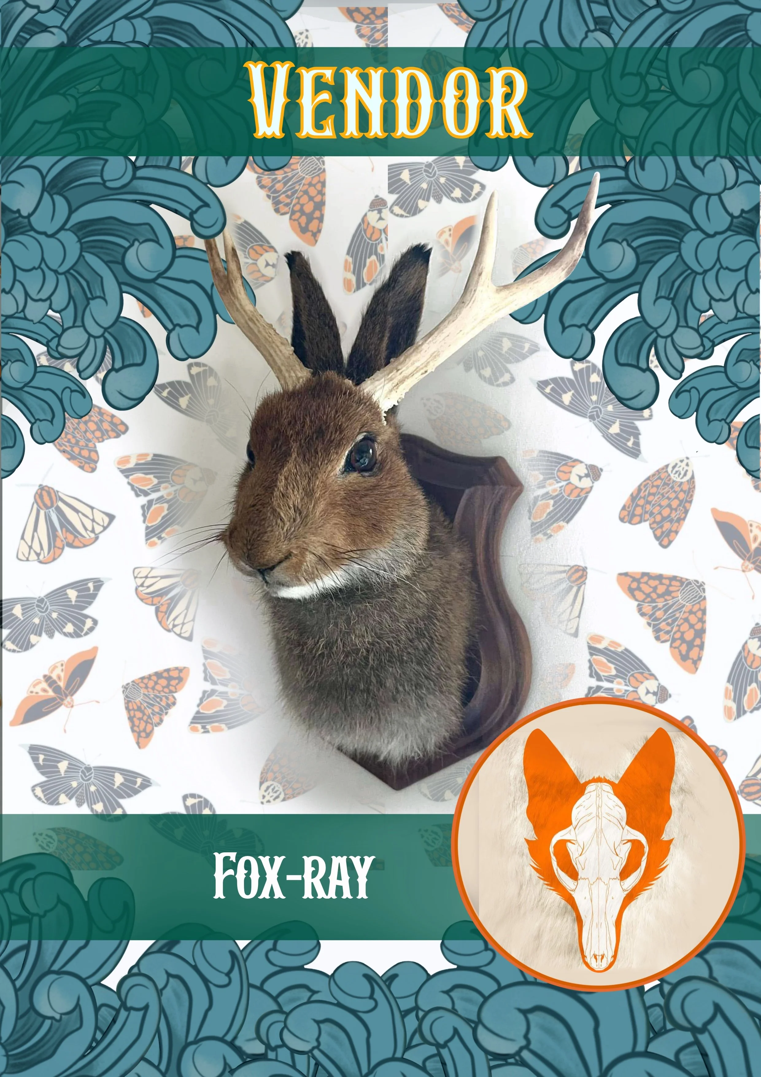 Close-up image of a taxidermy fox with antlers mounted on a decorative background featuring butterflies and floral patterns, with the words 'VENDOR' and 'FOX-RAY' overlayed.