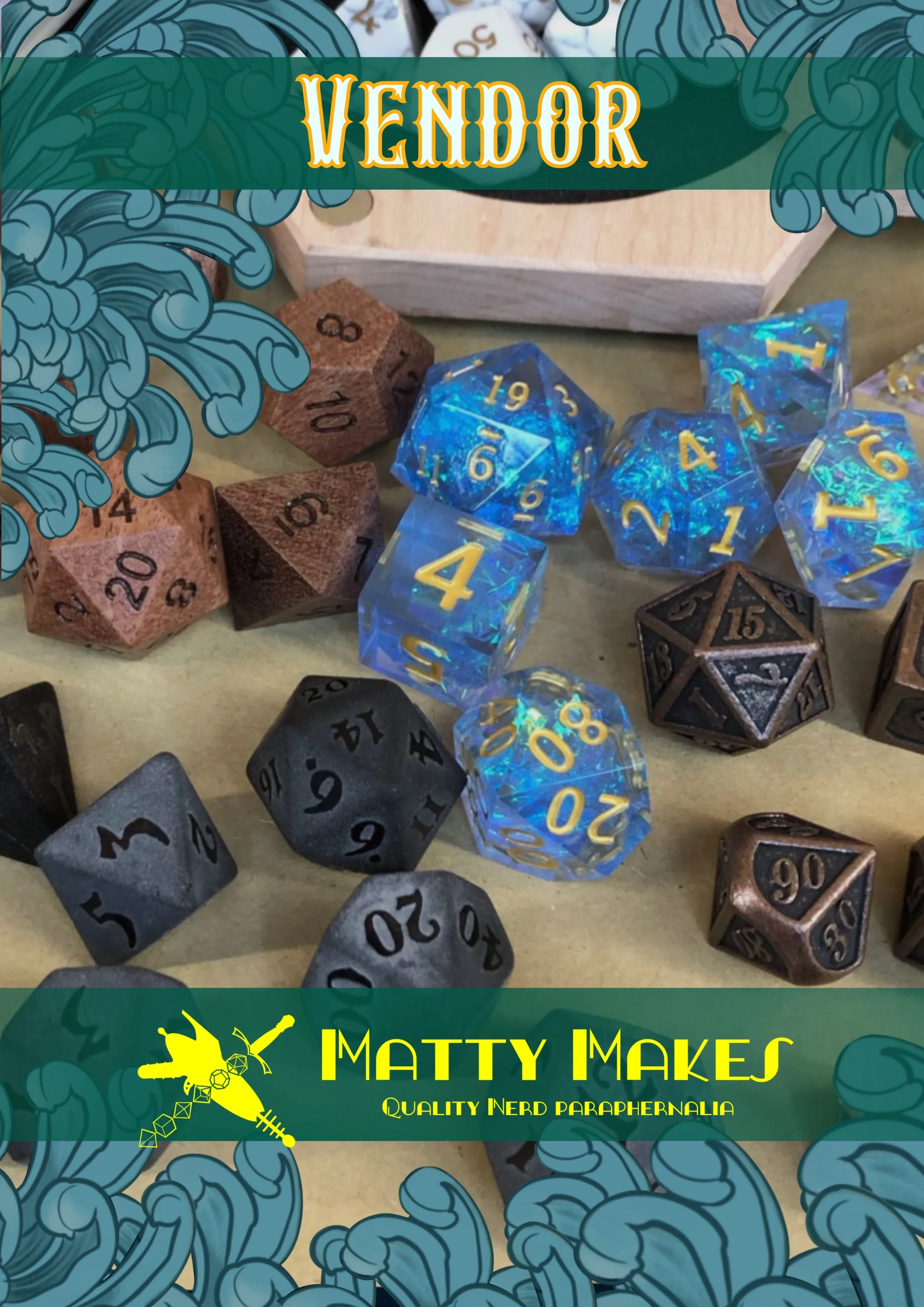 Close-up of various polyhedral gaming dice, including a blue 20-sided die, a black 20-sided die, and wooden dice, with a box in the background, on a beige surface.