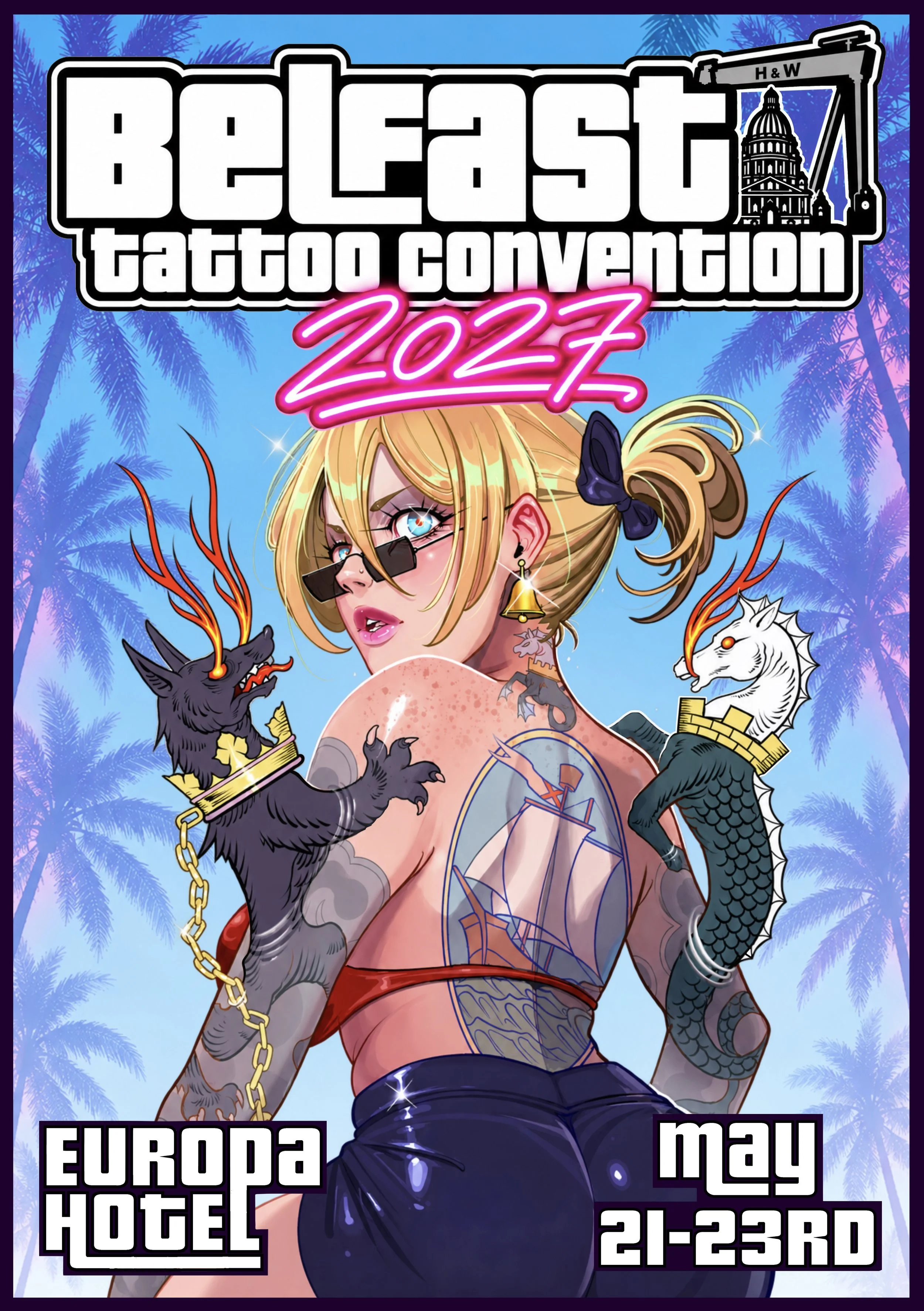 Event poster for Beadfest tattoo convention 2022 with a stylized illustration of a woman with tattoos, blonde hair, sunglasses, and various mythical creatures.