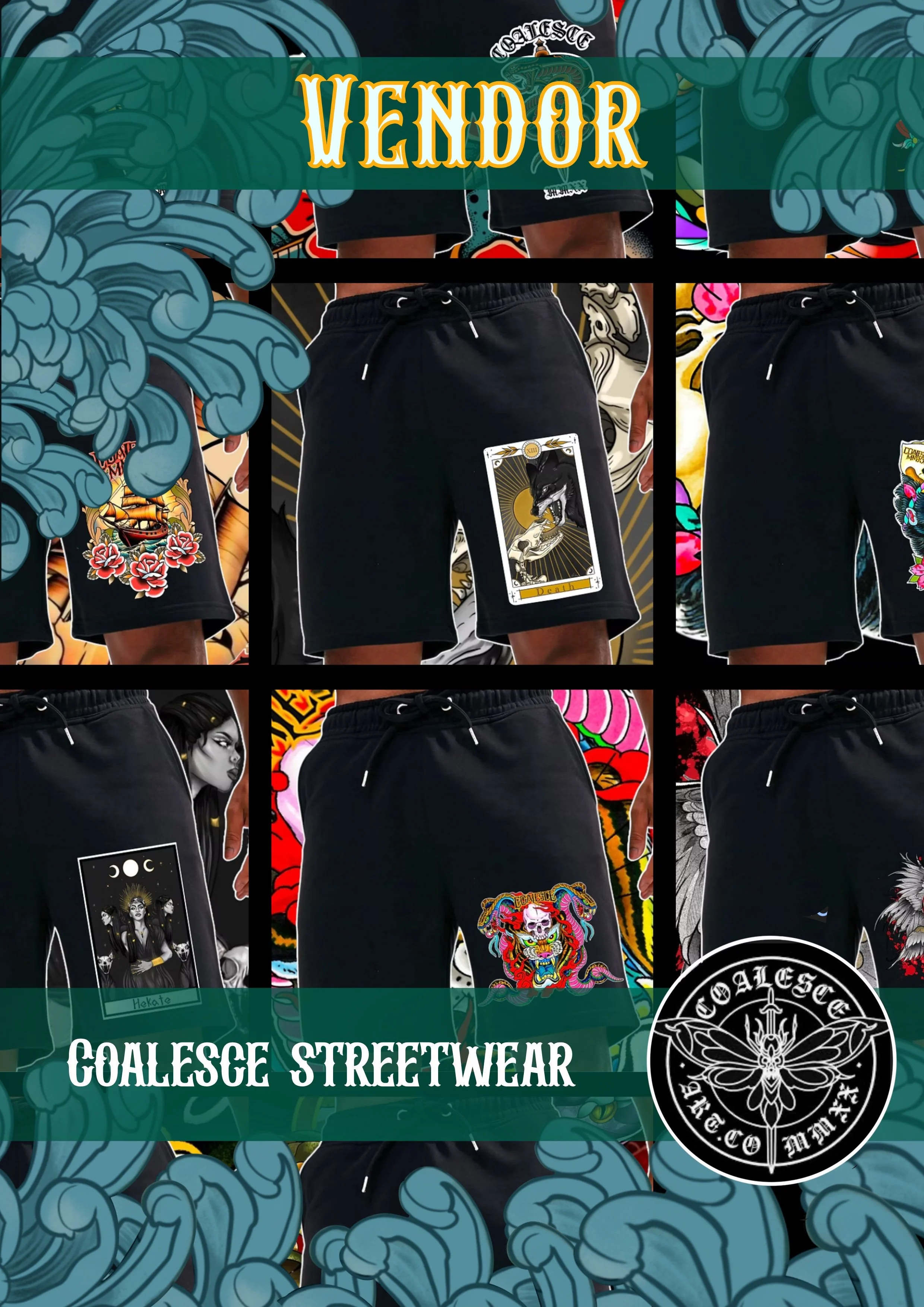 A collage featuring streetwear fashion with tattoo and tattoo-inspired artwork, including a person wearing black shorts with tarot card and skull patches, surrounded by bold tattoo-style artwork, and text reading 'Vendor' and 'Goalsedge Streetwear'.