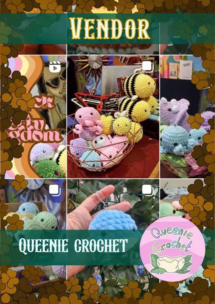 Collage of images showcasing handmade crochet toys and keychains, with a banner reading 'Vendor' at the top and 'Queenie Crochet' at the bottom right corner.