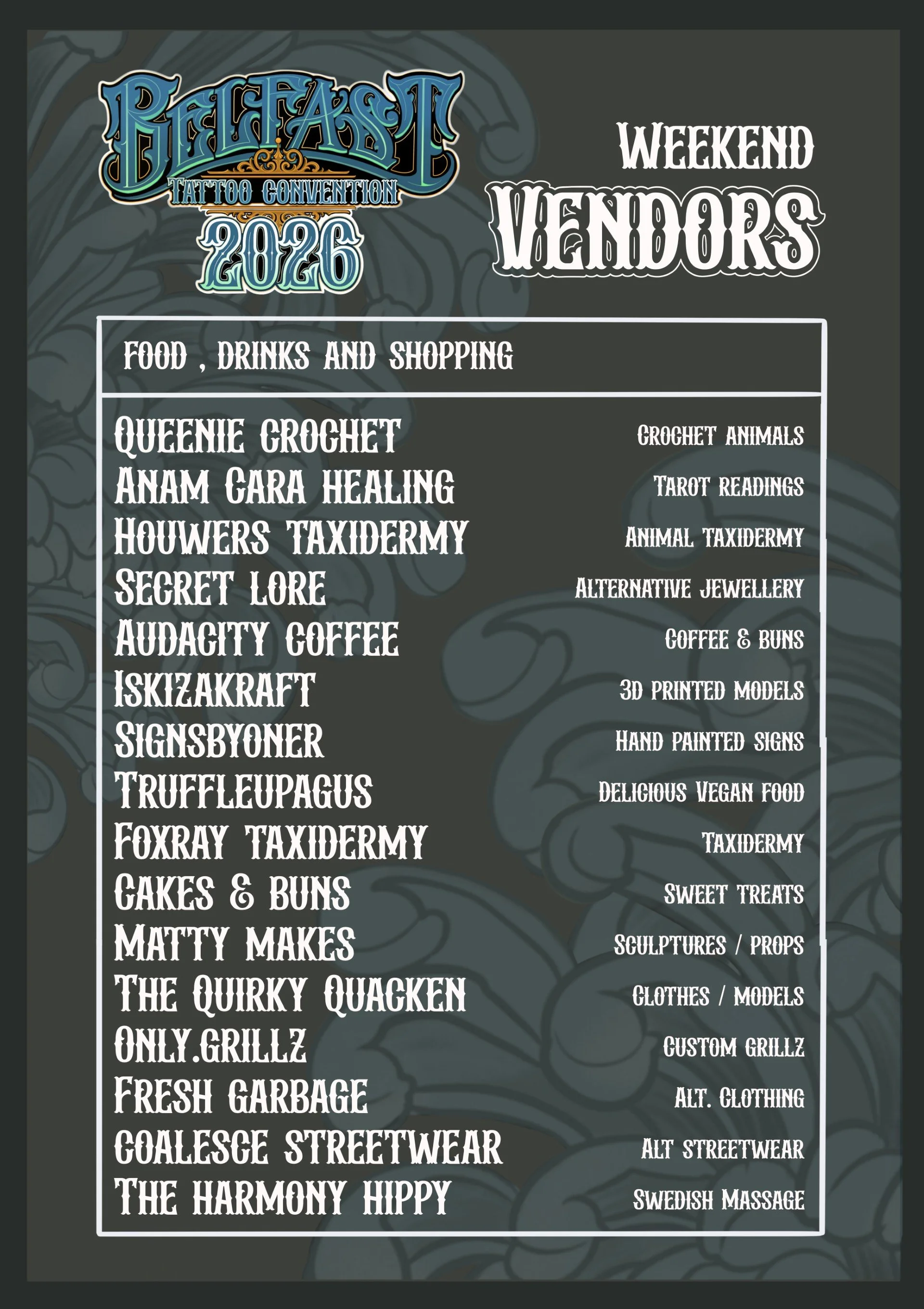 Event poster for the 2026 Bleast Tattoo Convention weekend with a list of activities and vendors, including food, tattoo artists, jewelry, sculptures, clothing, and entertainment.