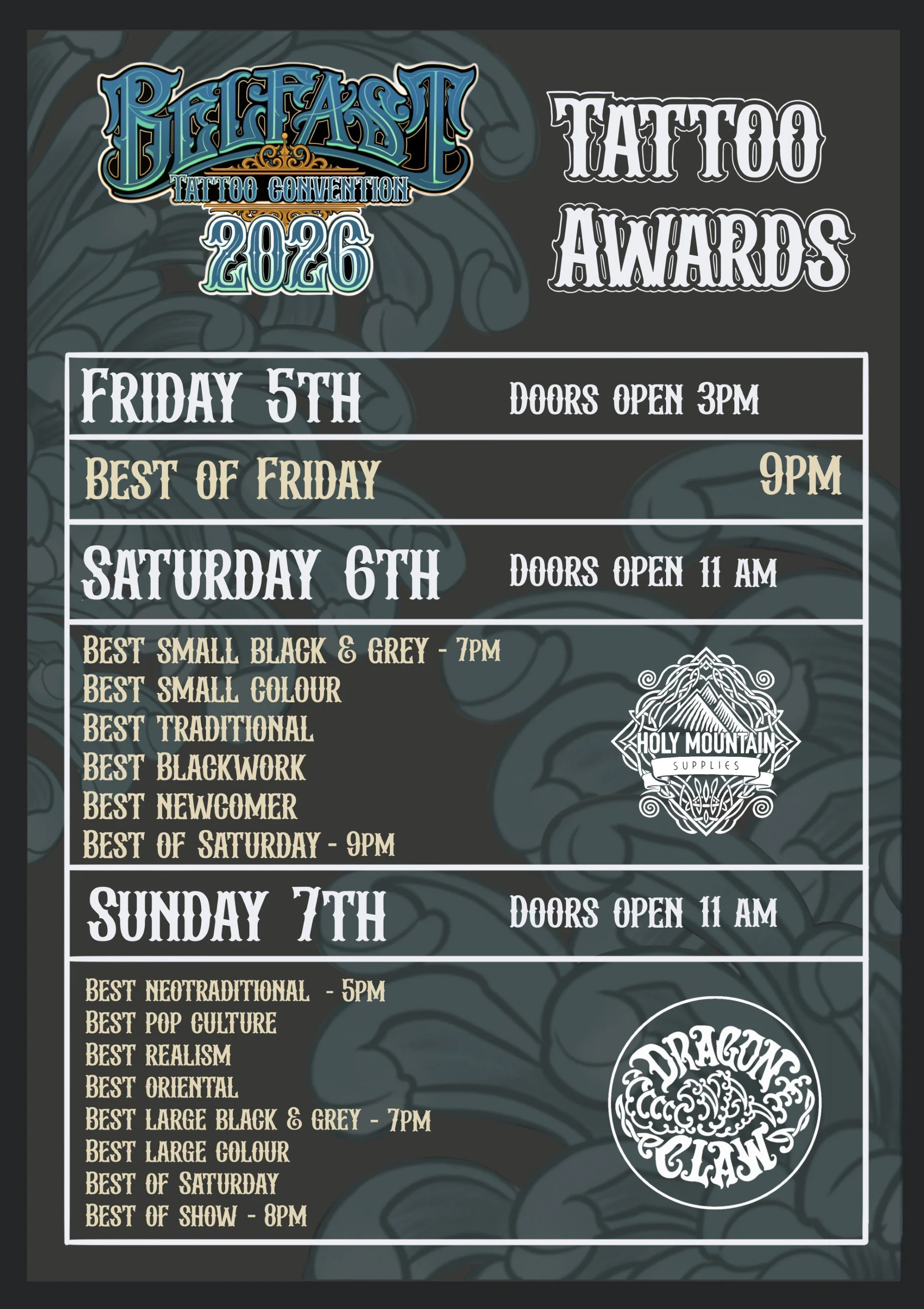 Event poster for Bluegrass Tattoo Convention 2026. Dates: Friday, May 5th, Saturday, May 6th, and Sunday, May 7th, with various awards and categories. The poster includes logos and decorative artwork.