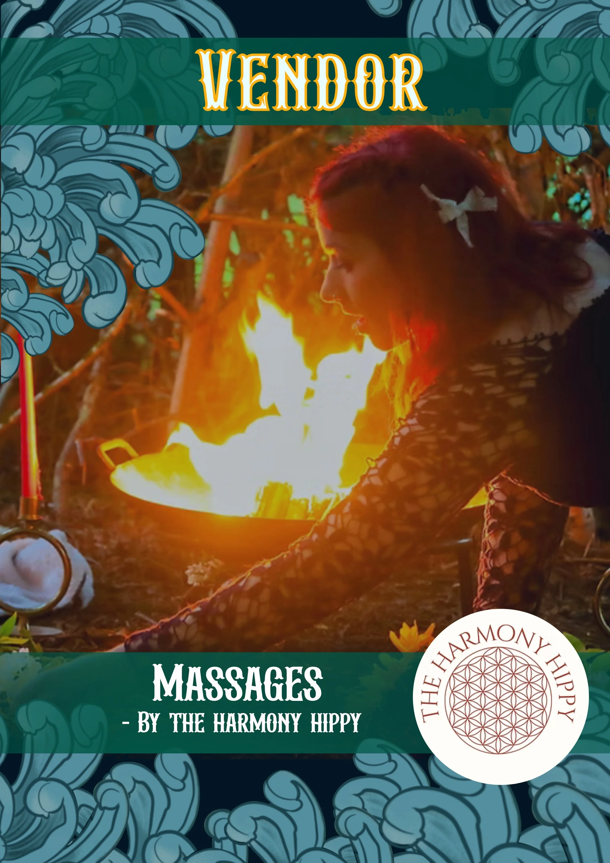 A woman with long red hair decorated with flowers receiving a massage near an open fire in a natural outdoor setting, promoting massage therapy by the Harmony Hippy.
