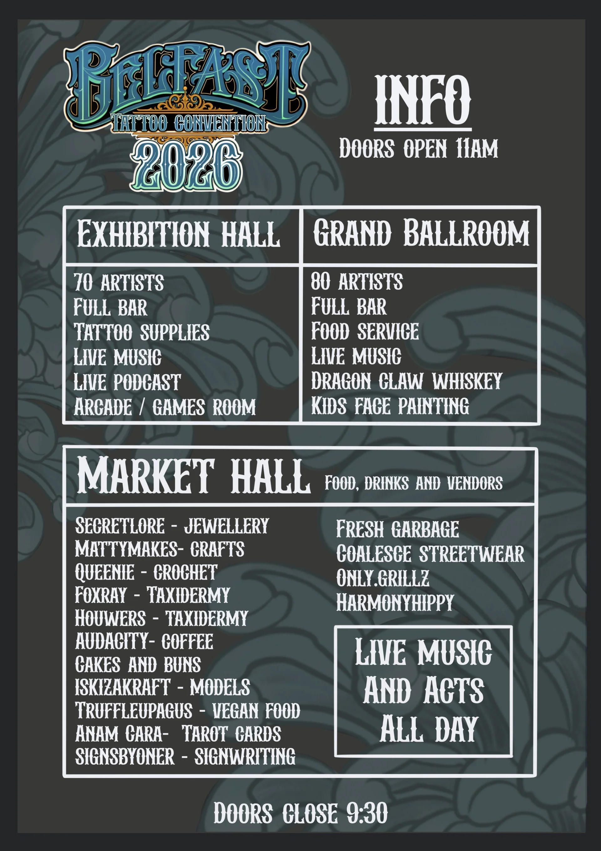 Event poster for the 'Bitefest Tattoo Convention 2026', opening at 11 AM, with details about exhibition hall, grand ballroom, marketplace, and live music and acts throughout the day.