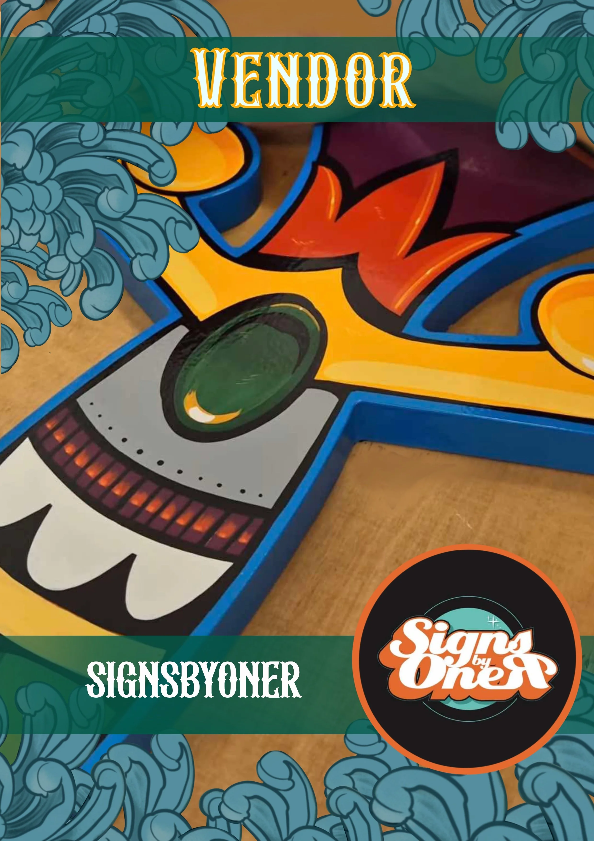 Colorful pinball machine with the logo 'Signs by One' and the word 'Vendor' at the top.