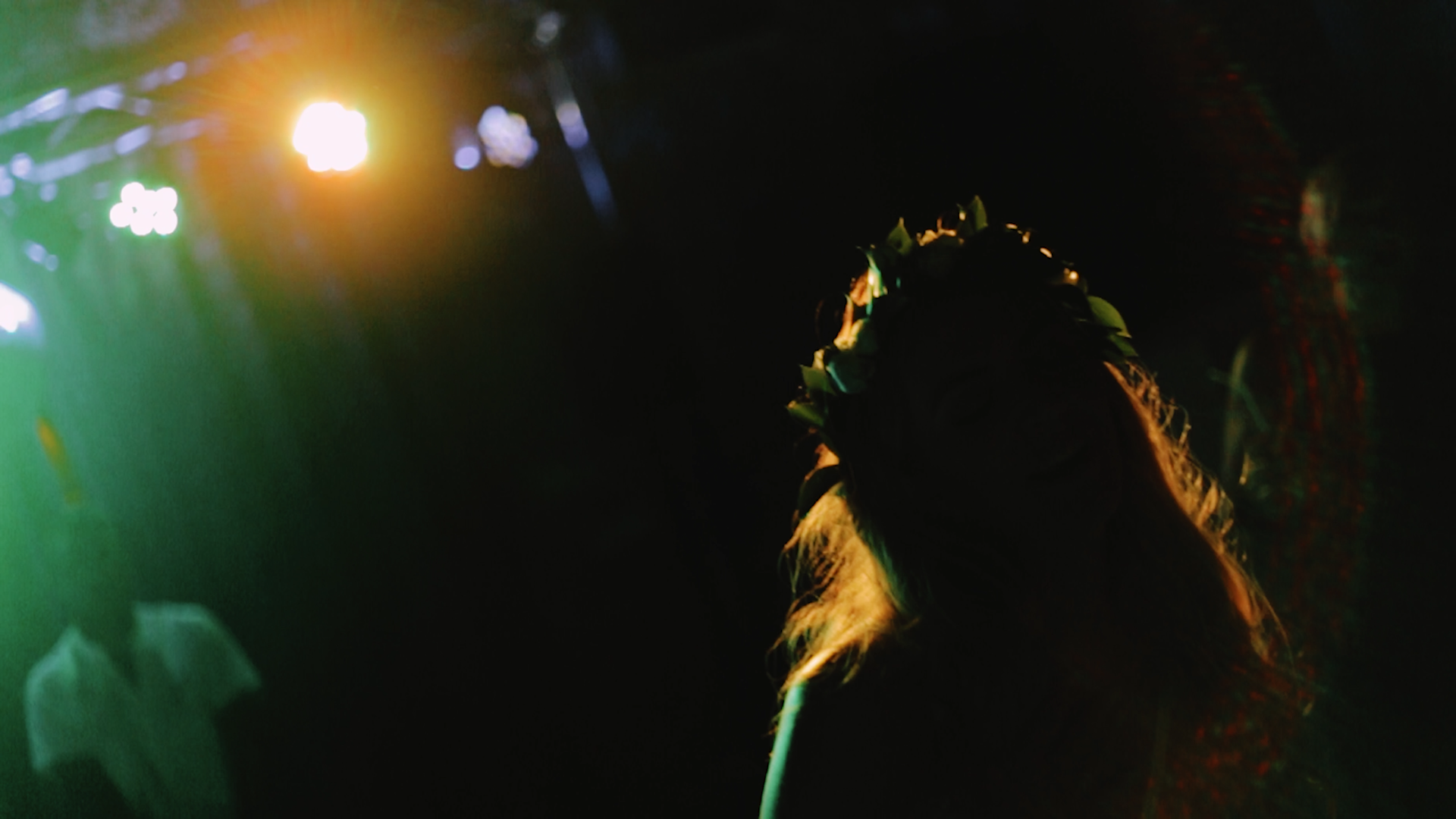 Pessoa com cabelo encaracolado usando uma coroa de flores, de costas, em ambiente escuro com luzes brilhantes ao fundo.