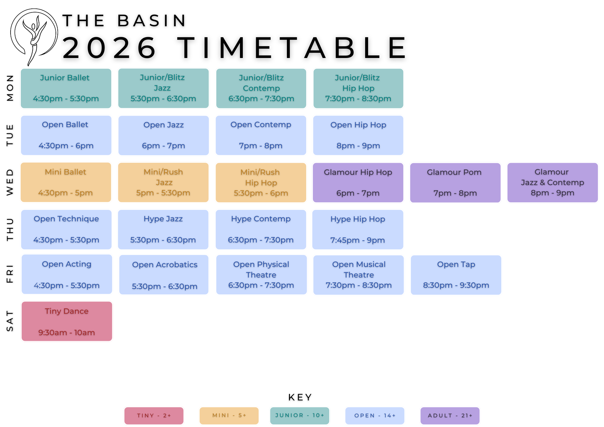 A colorful weekly dance class schedule for The Basin for 2026, organized by day and time, with color-coded age groups and dance genres.
